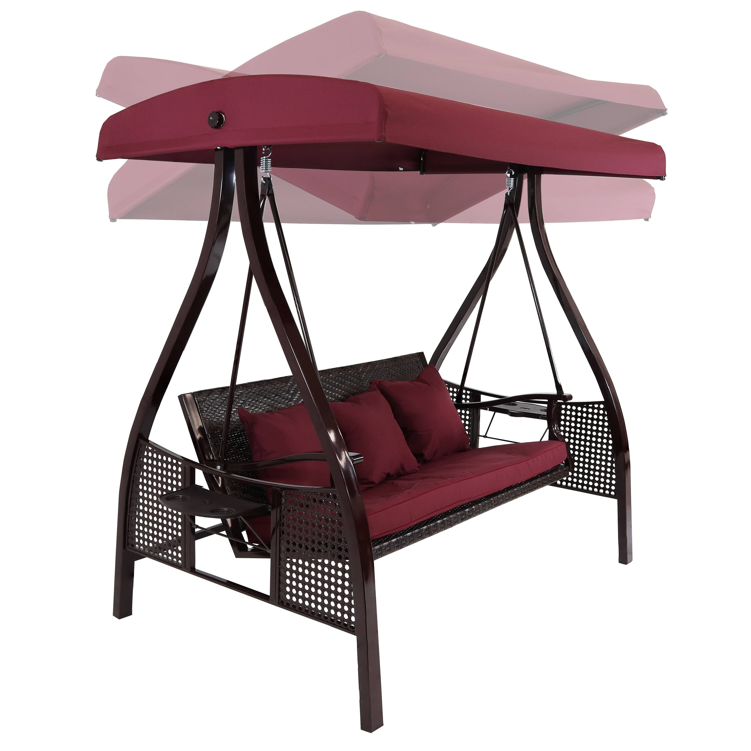 Alt View 7. Sunnydaze - 3-Person Steel Patio Swing Bench with Side Tables/Canopy - Dark Red.