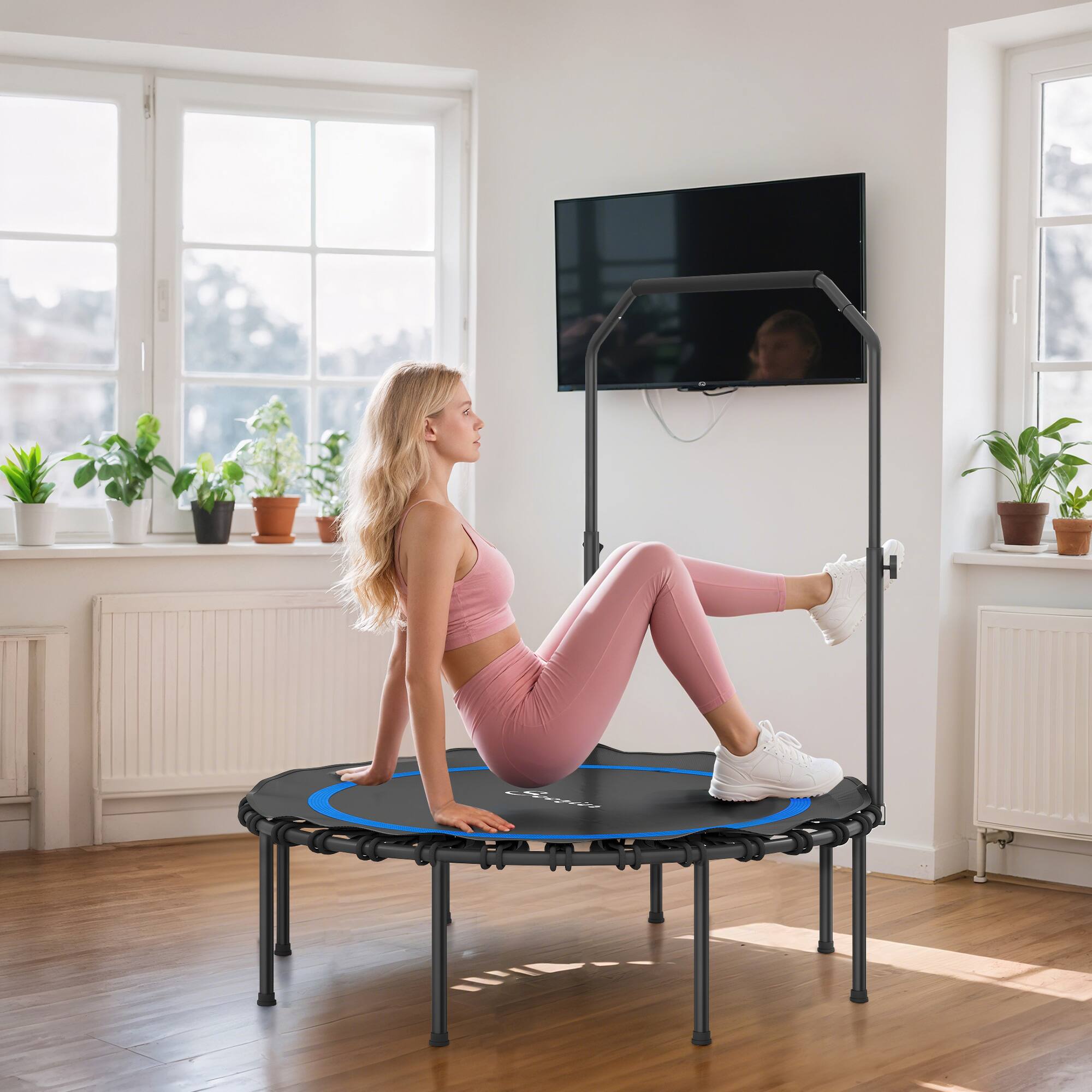 Alt View 8. Soozier - 45"/48" Rebounder Trampoline for Adults, Foldable Mini Trampoline with Adjustable Handle Bar - Blue.