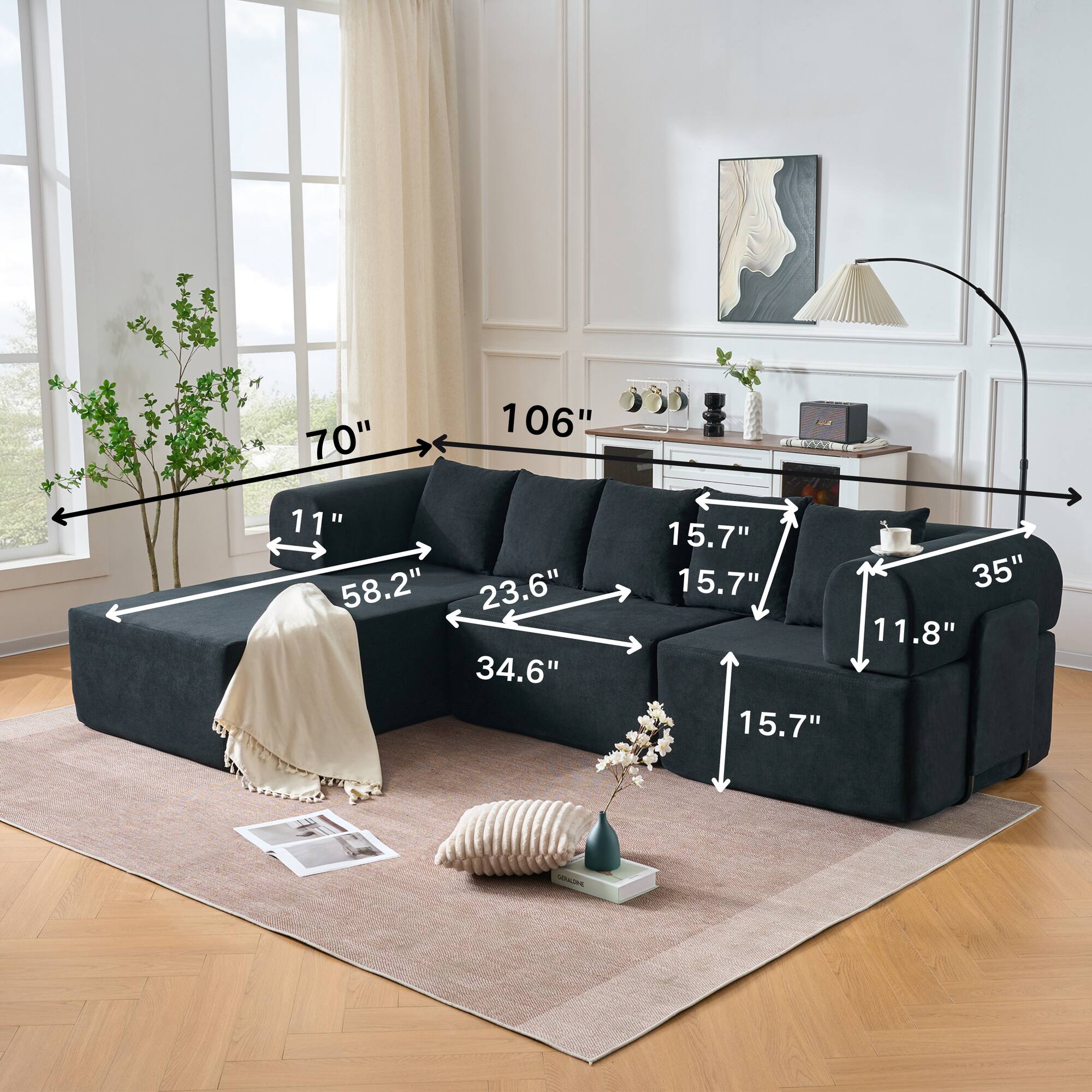 70" 106" / 11" 1 58.2" 23.6" 34.6" 15.7" 15.7" 35" 11.8" 15.7"