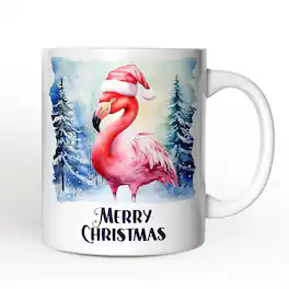 OrnamentallyYou - Flamingo with Santa Hat Mug, Winter Forest Christmas Gift - White