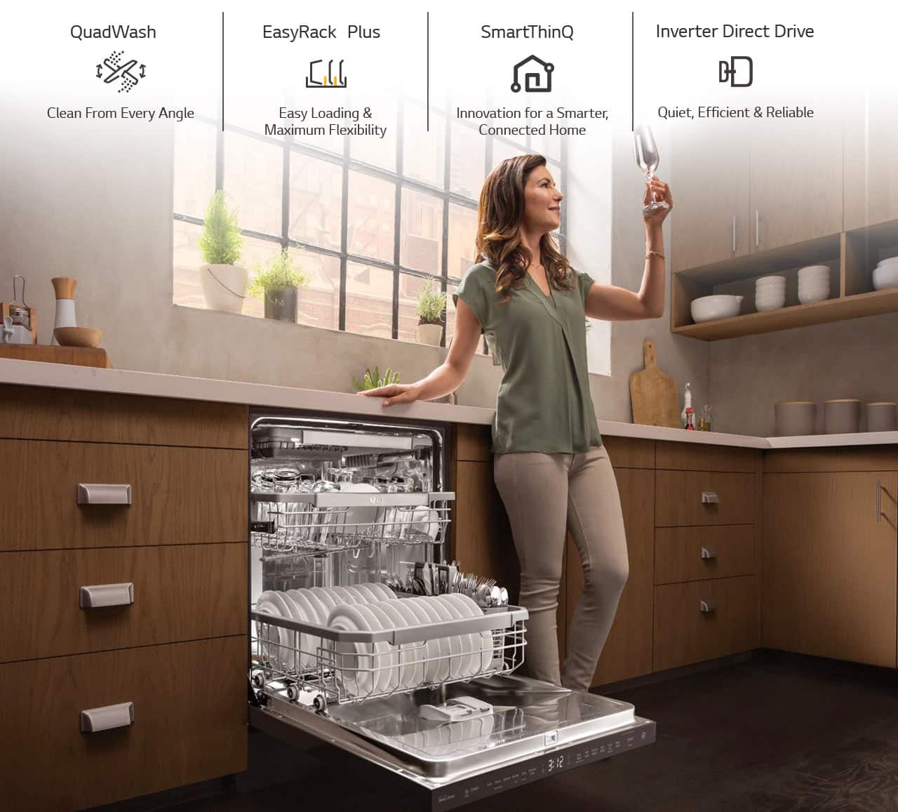 Four reasons to buy an LG dishwasher, QuadWash cleans from every angle, EasyRack Plus for easy loading and maximum flexibility, SmartThinQ innovation for a smarter, connected home, Inverter DirectDrive quiet, efficient and reliable