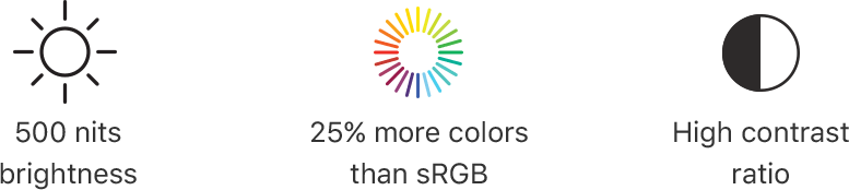 500 nits brightness. 25% more colors than standard RGB. High contrast ratio.