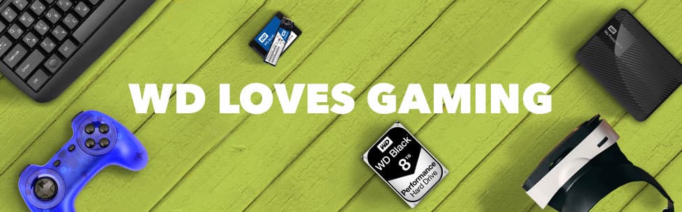 W D loves gaming. Portable hard drive, internal hard drive, internal solid state drive, gaming controller, keyboard, virtual reality headset.