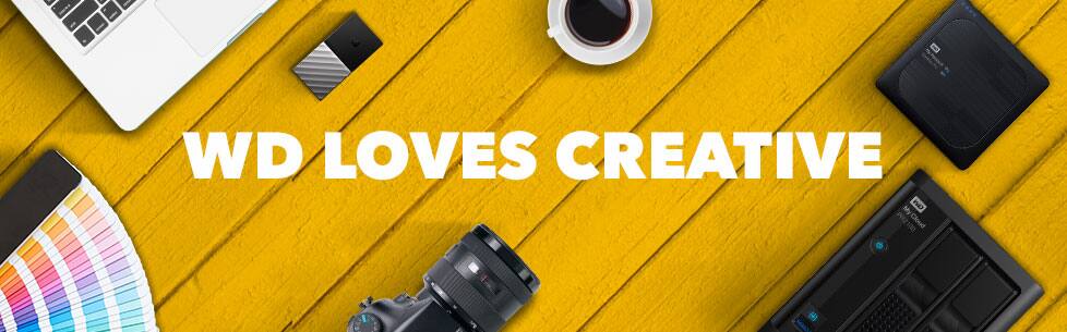 W D loves creative. Wireless hard drive, portable SSD, network storage, laptop, digital camera.