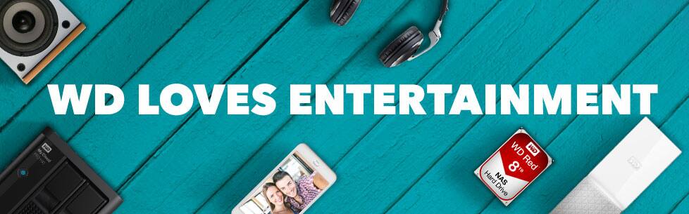 W D loves entertainment. External hard drive, network storage, NAS hard drive, cell phone, headphones, speaker.