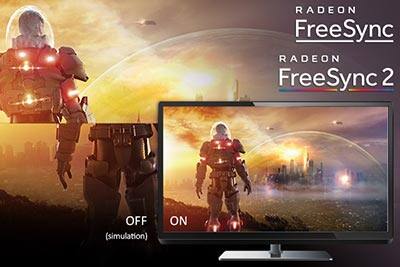 Gaming monitor without Free Sync showing torn game scene, gaming monitor with Free Sync showing intact game scene