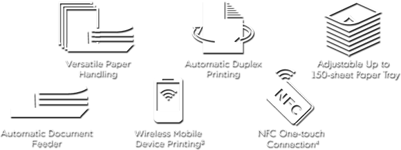 Versatile paper handling, automatic duplex printing, adjustable paper tray up to 150 sheets, automatic document feeder, wireless mobile device printing (see footnote), NFC one-touch connection (see footnote)