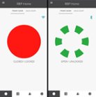 App screenshots: Door locked and closed, connected remotely via WiFi (left); door unlocked and open, connected via Bluetooth when nearby (right), click to load a larger version