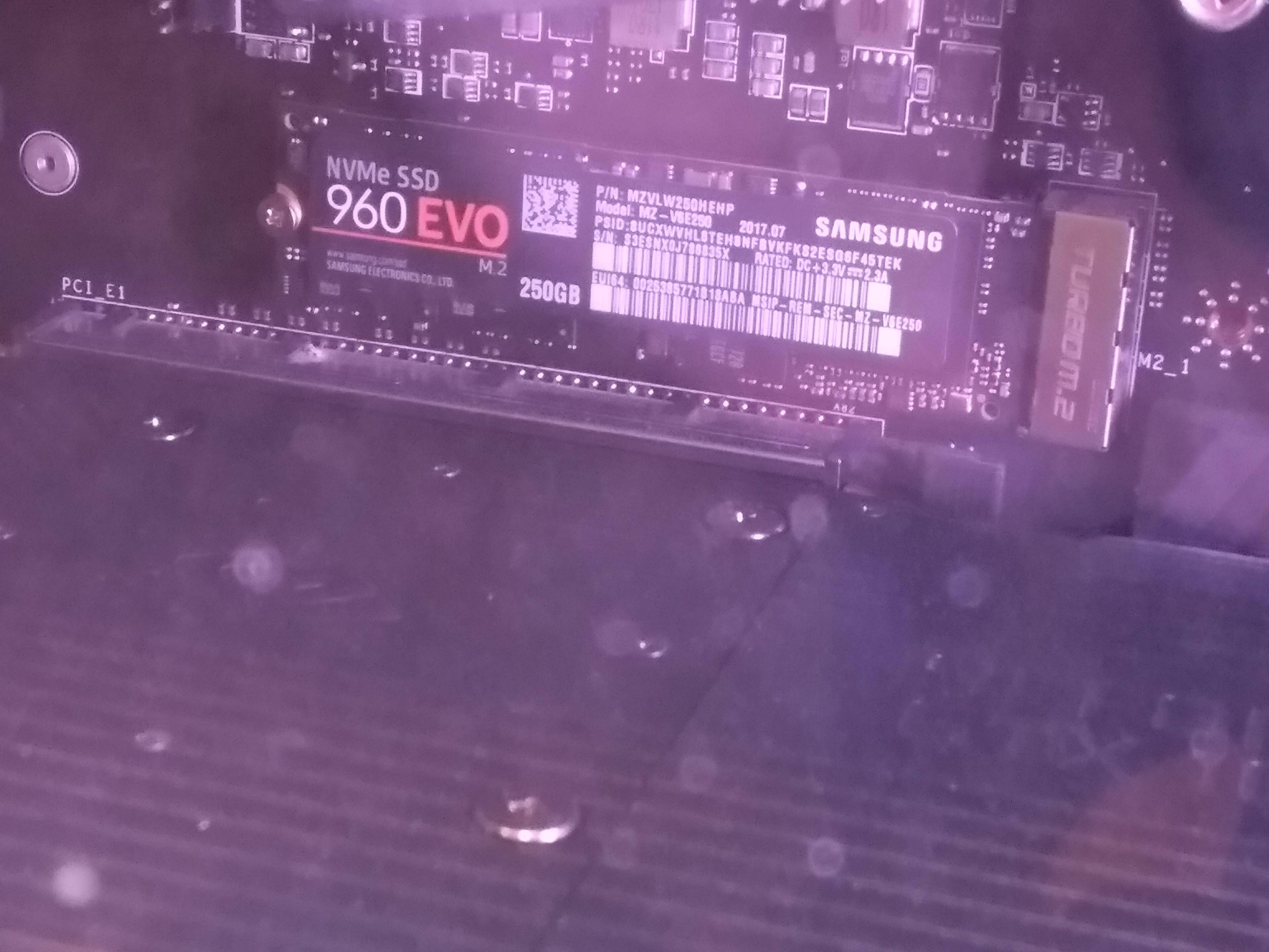 Here's the Samsung 960 M.2 SSD installed in my computer. (Sorry, the photo is a bit blurry), click to load a larger version