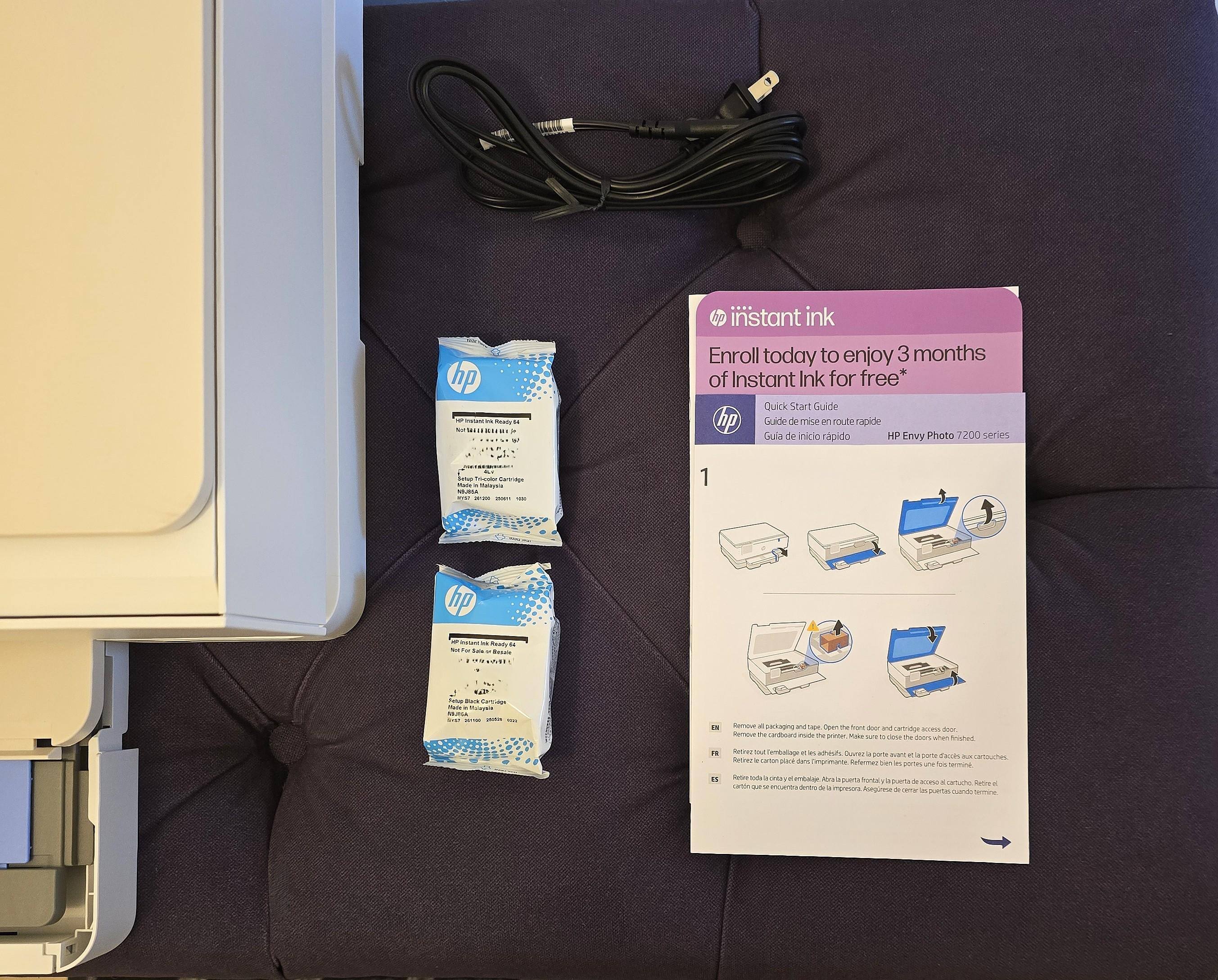HP Envy Photo 7275 Printer Ink, Cord and Informational Leaflets from Box., click to load a larger version