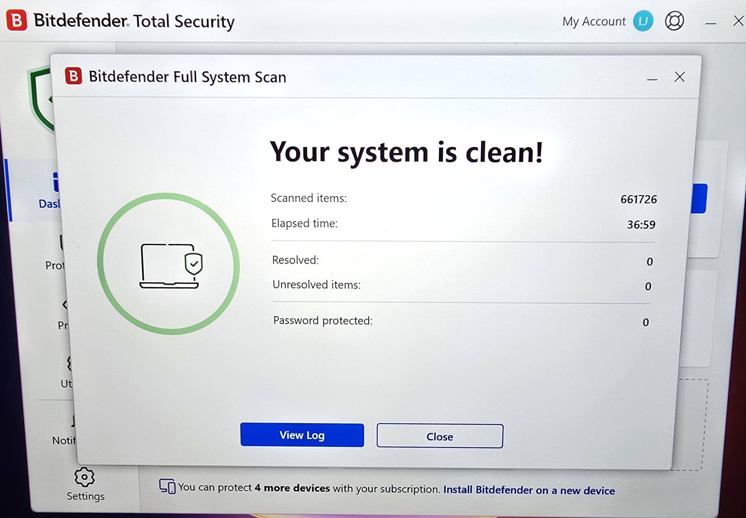 Bitdefender's Total Security Your System is Clean Screen, click to load a larger version