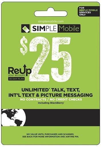 Simple Mobile 25$ ReUp Prepaid card, click to load a larger version