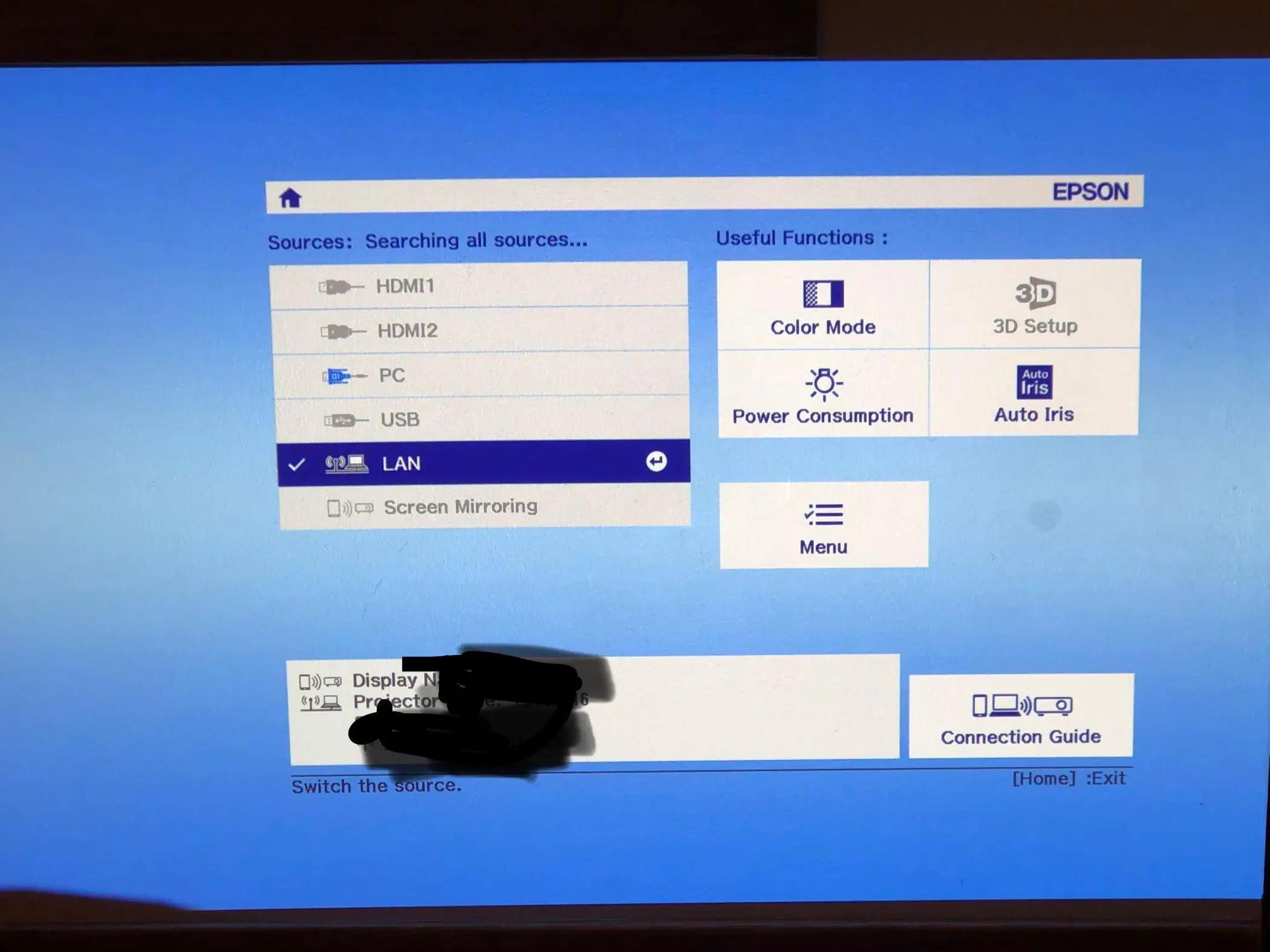 actual projector image of one menu, click to load a larger version