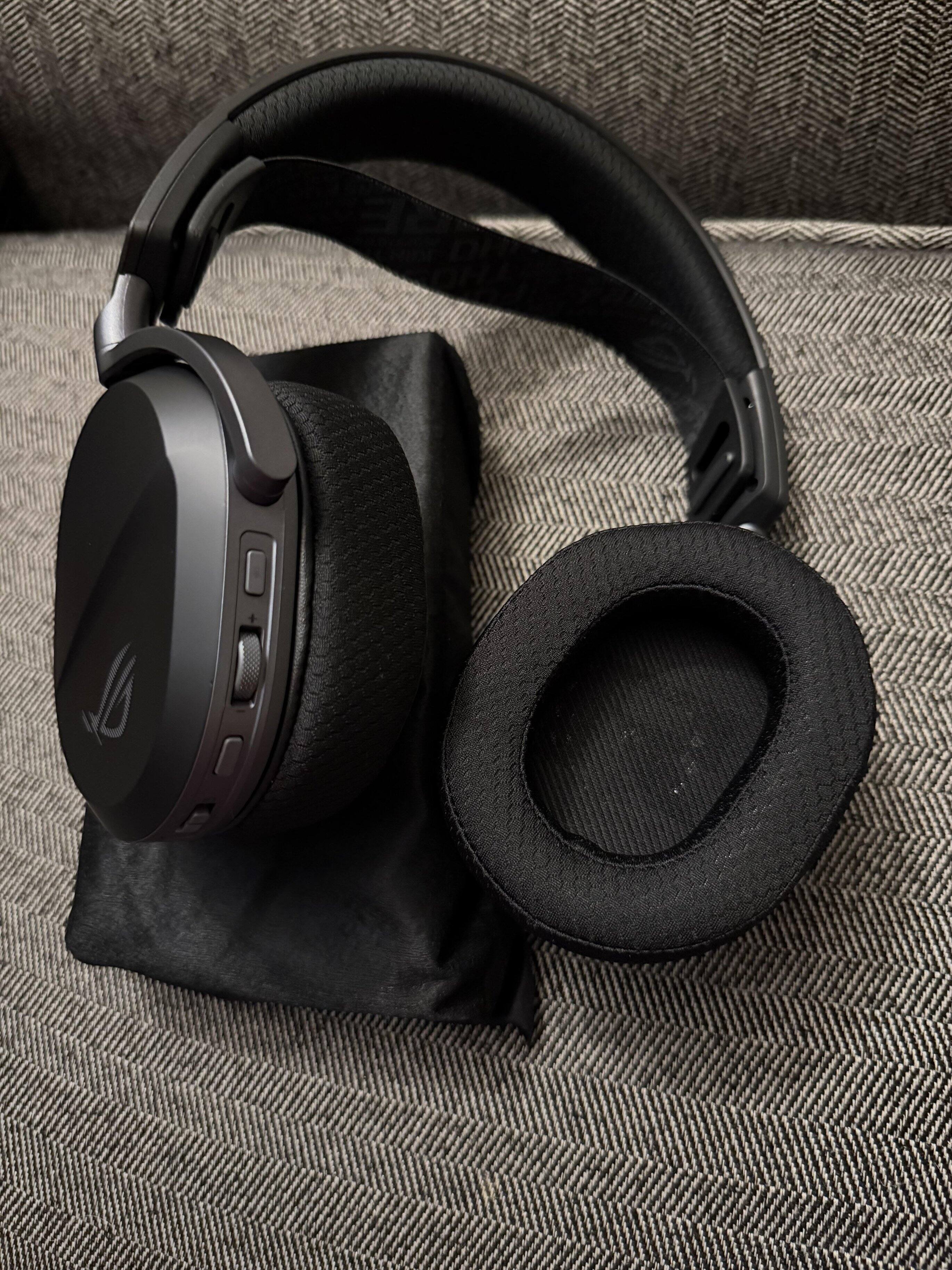 The headphones in detail including the buttons on the side. You can also see the elastic on the headband, click to load a larger version