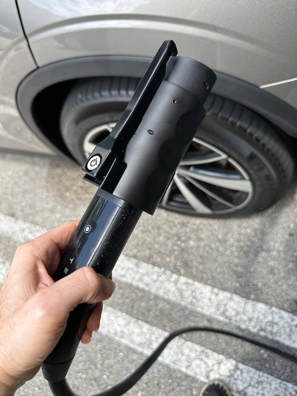 Attached to an NACS plug at a Tesla Destination Charger, click to load a larger version