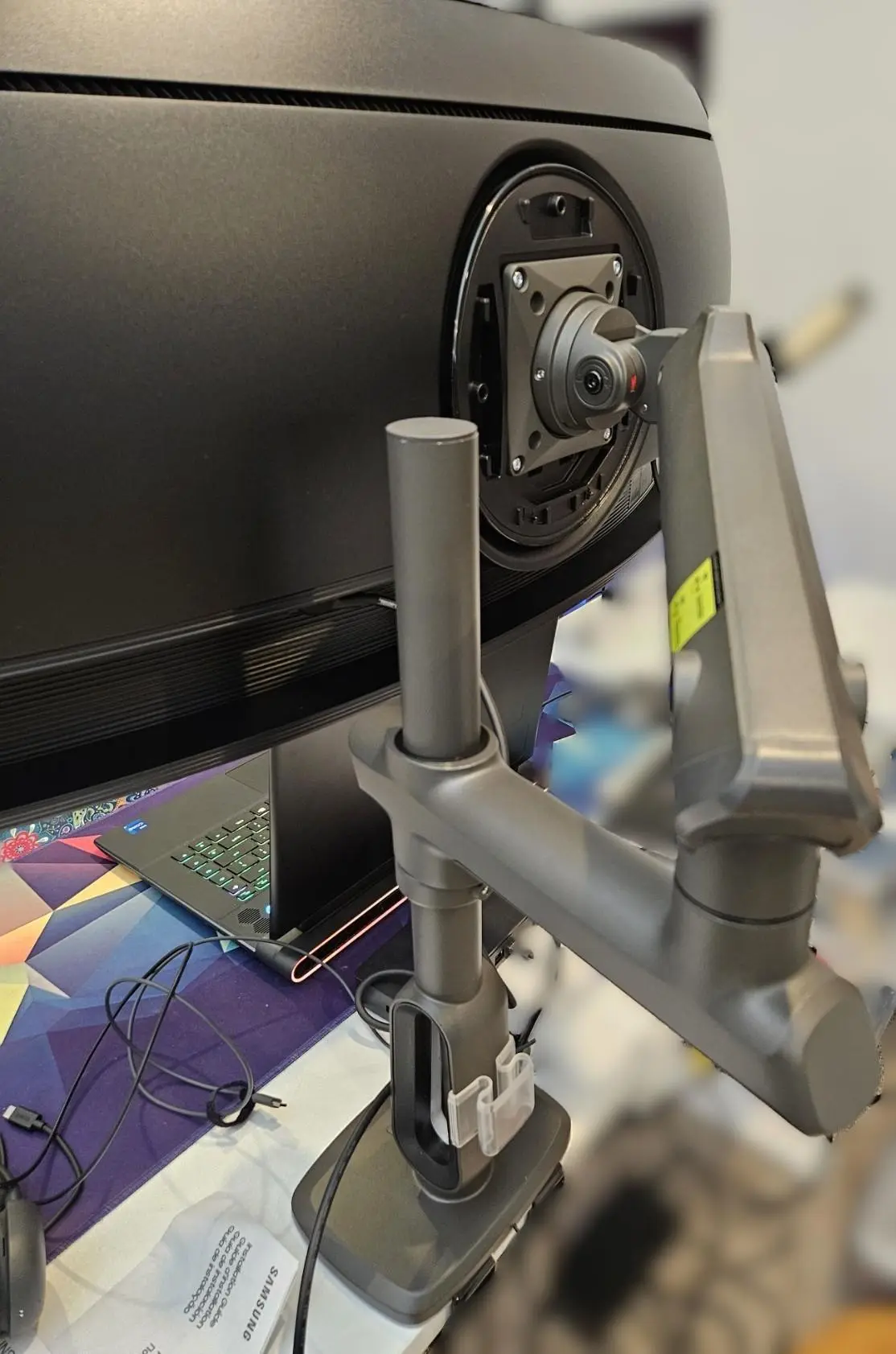 You will want to double check the weight limits on any monitor arm before you attempt to attach it.  I ended up ordering a completely different arm to attach the G9 to., click to load a larger version