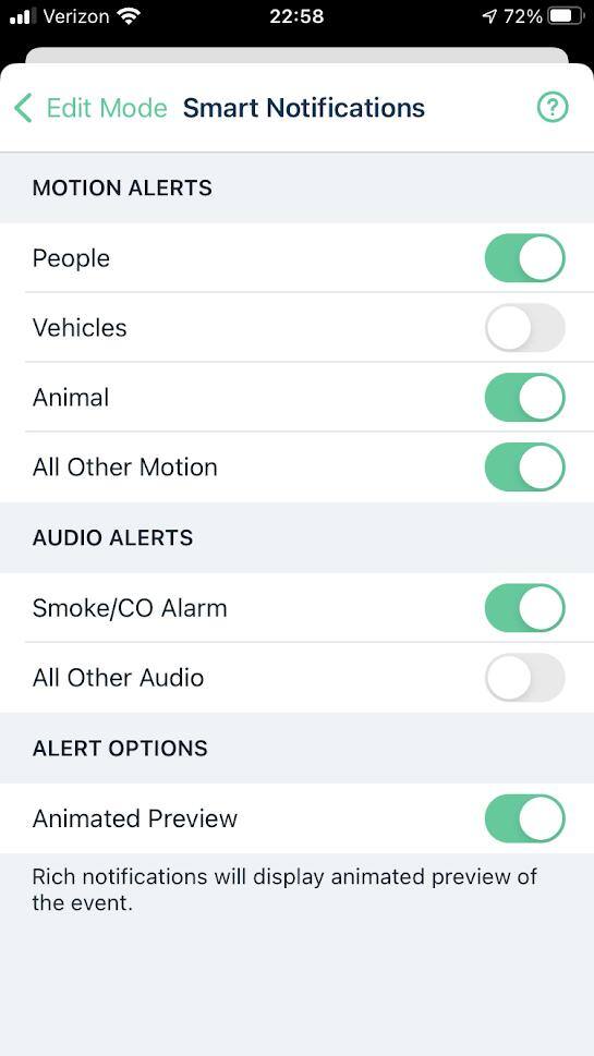Arlo App - Smart Alert Options, click to load a larger version