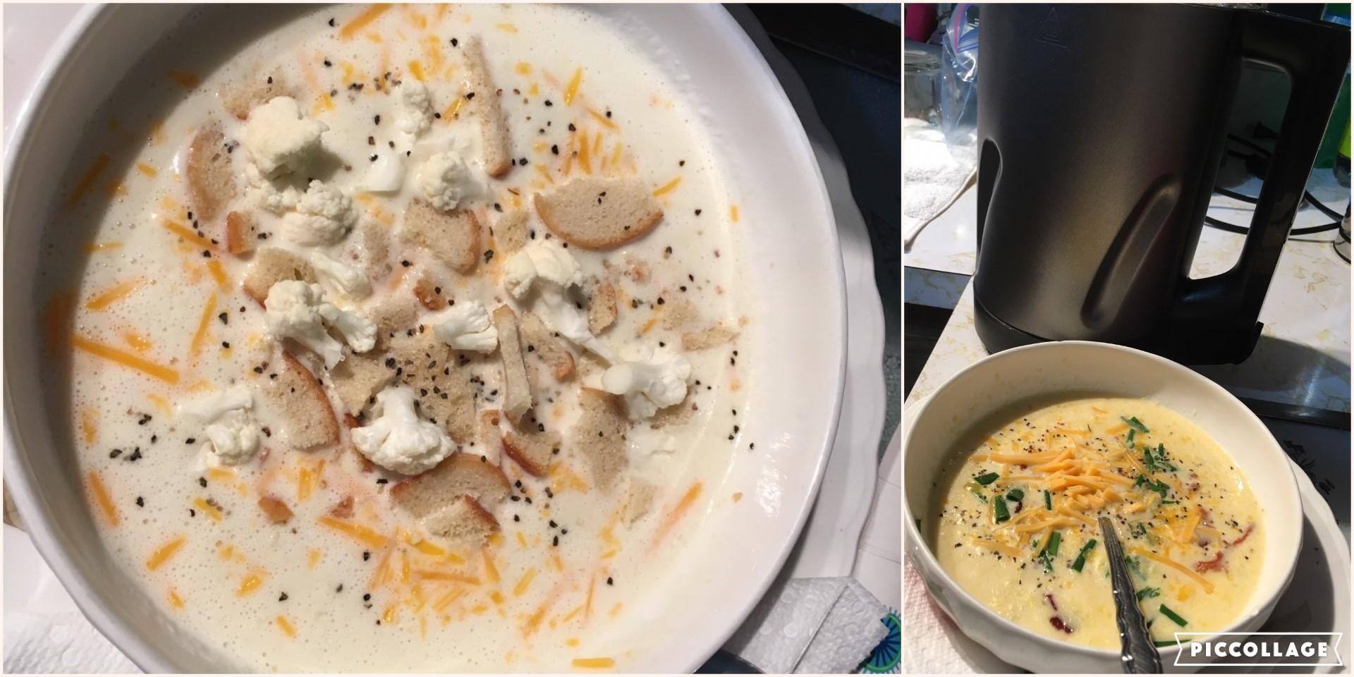 Cream of Cauliflower w/Cheddar Cheese and Croutons - - Cream of Mushroom w/Cheddar Cheese, Bacon Bits and Chives, click to load a larger version