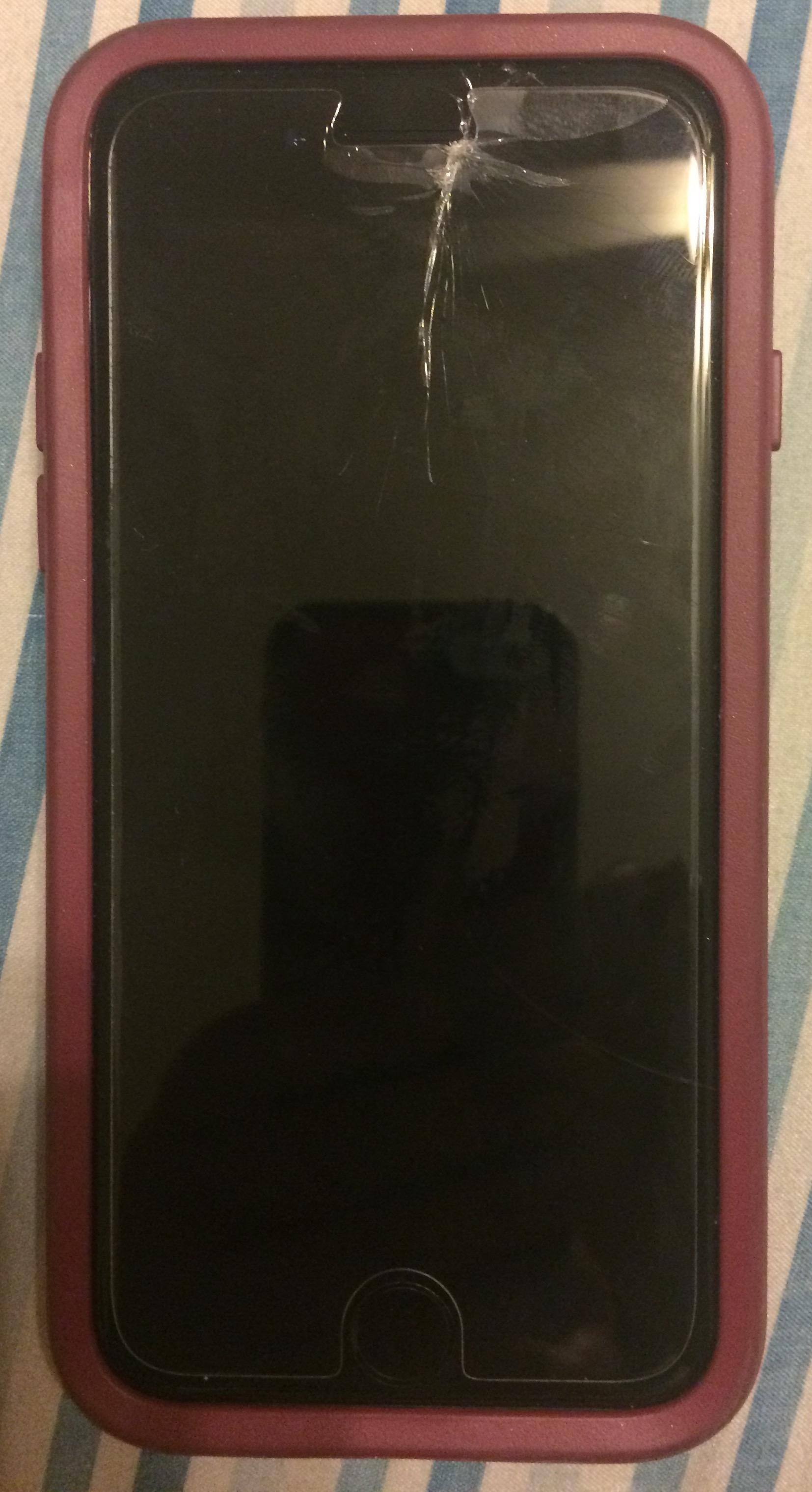 iPhone still in Apple case with Invisible Shield. The Shield and the screen shattered from one gentle fall., click to load a larger version