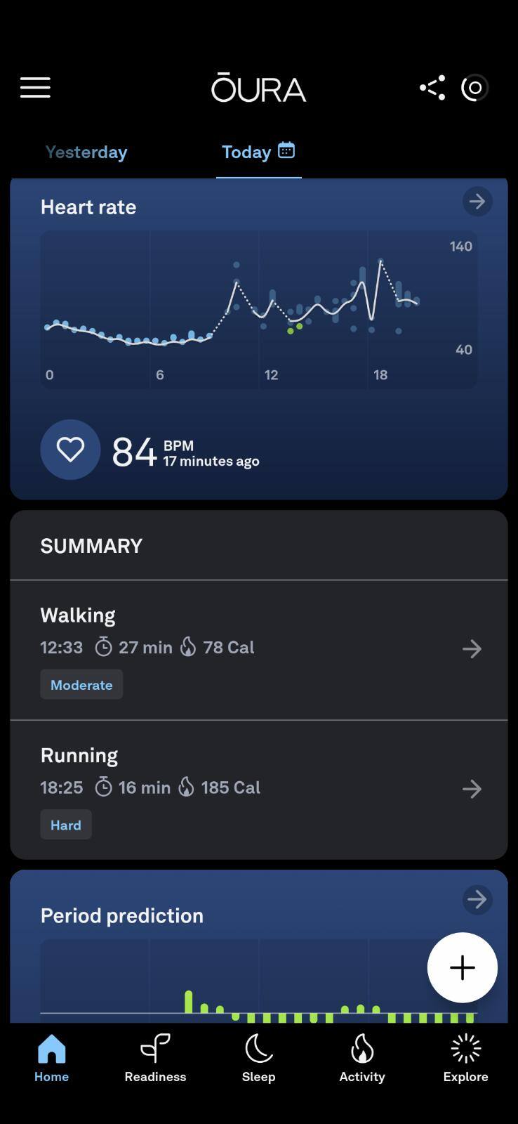 Home tab view of HR, auto identified workouts (missing 45 minutes of weight training after running)., click to load a larger version