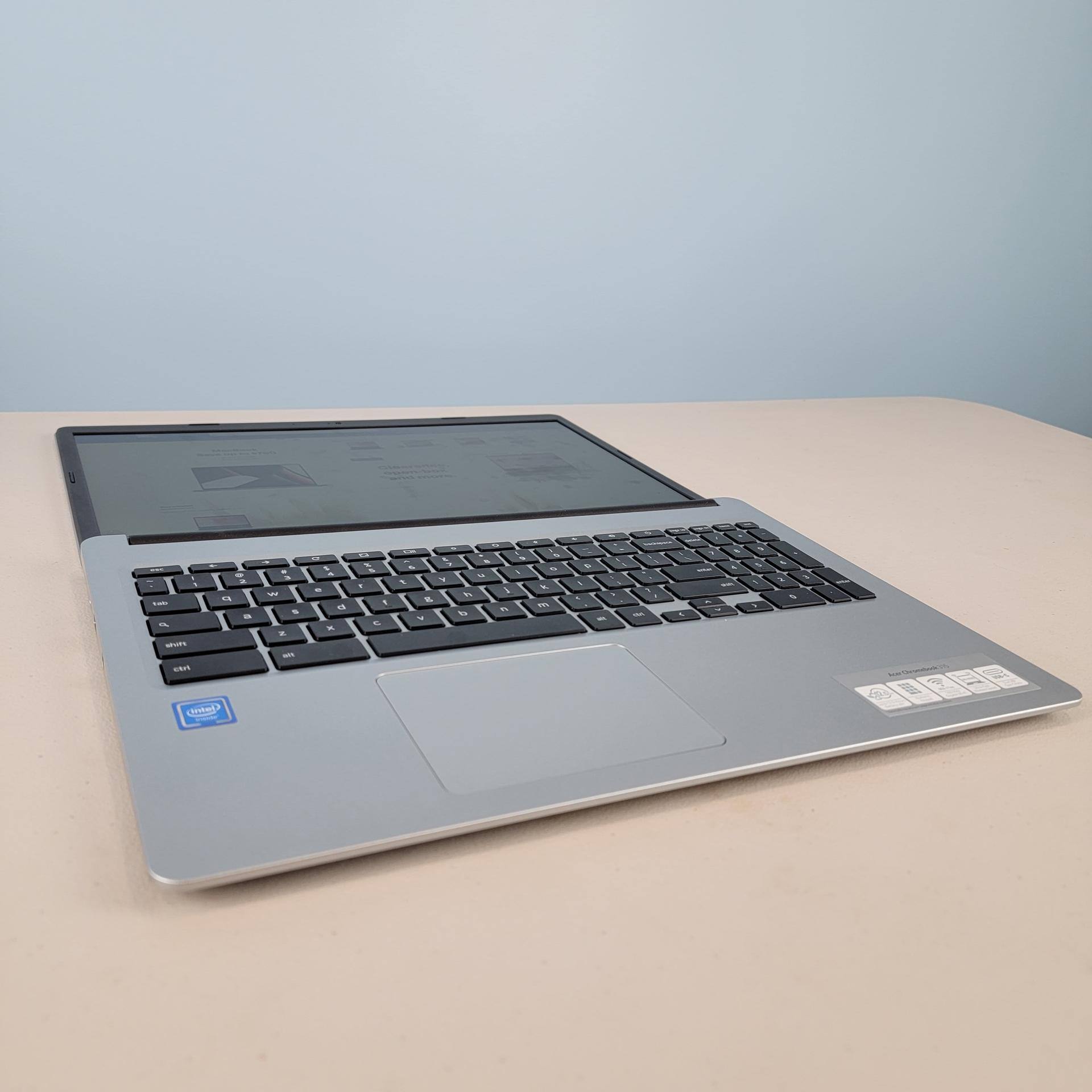 Chromebook 315 laid flat, 180 degree hinge, click to load a larger version