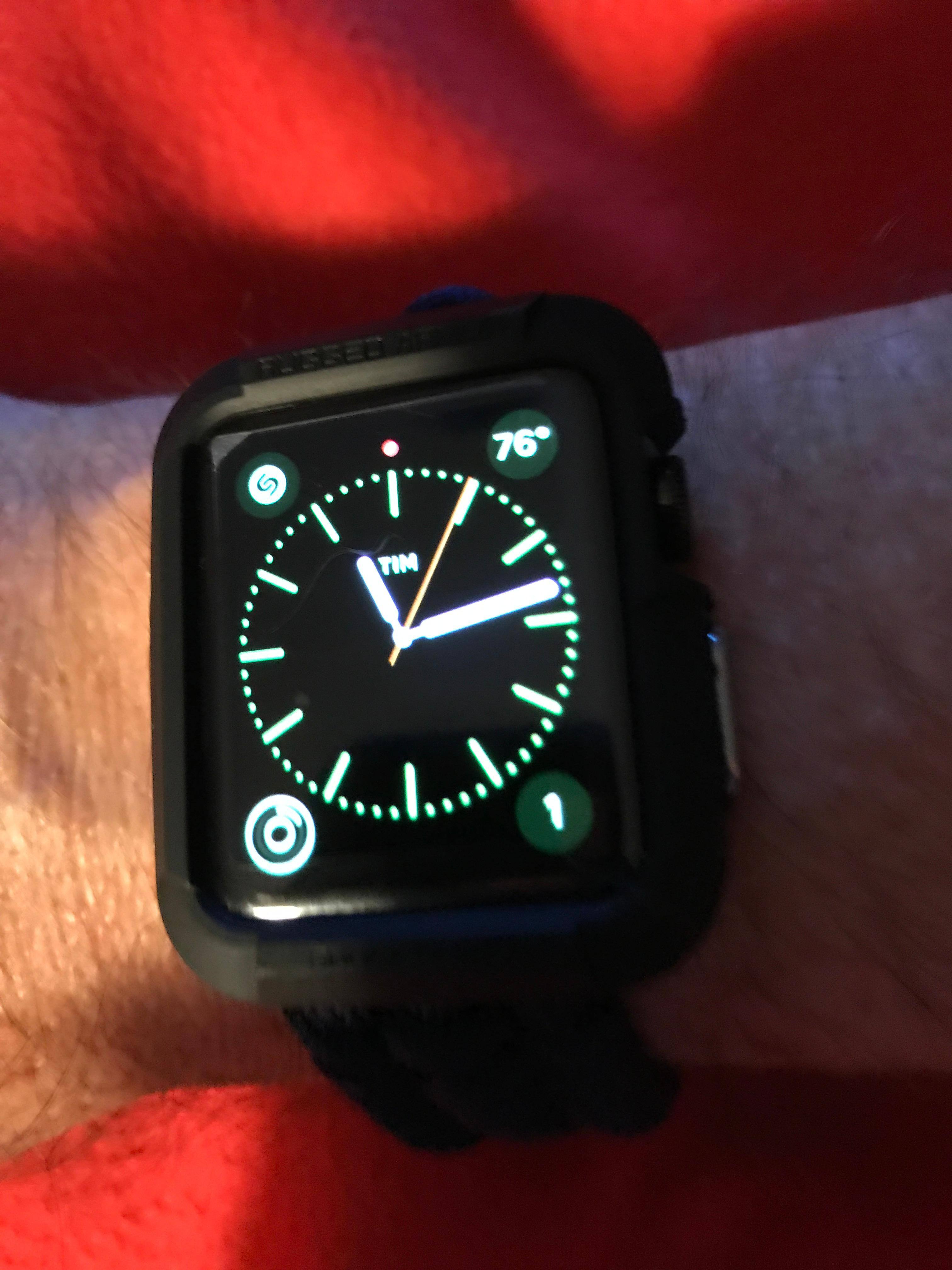 Generation 2 Series 2 Black Stainless steel case with a Rugged Armor protective case on it., click to load a larger version