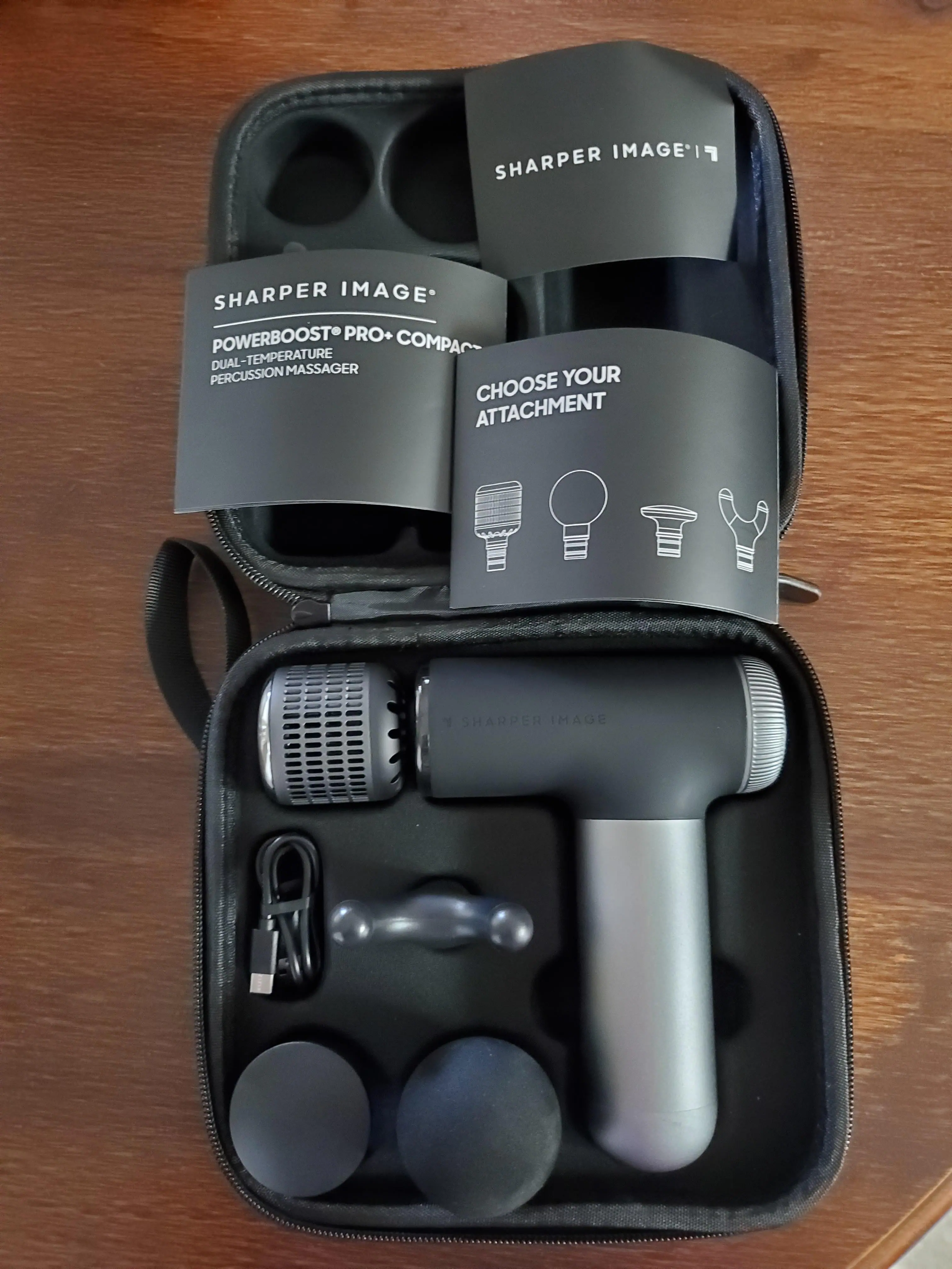 Great carrying case.  It keeps all the pieces in one place, including the massager., click to load a larger version