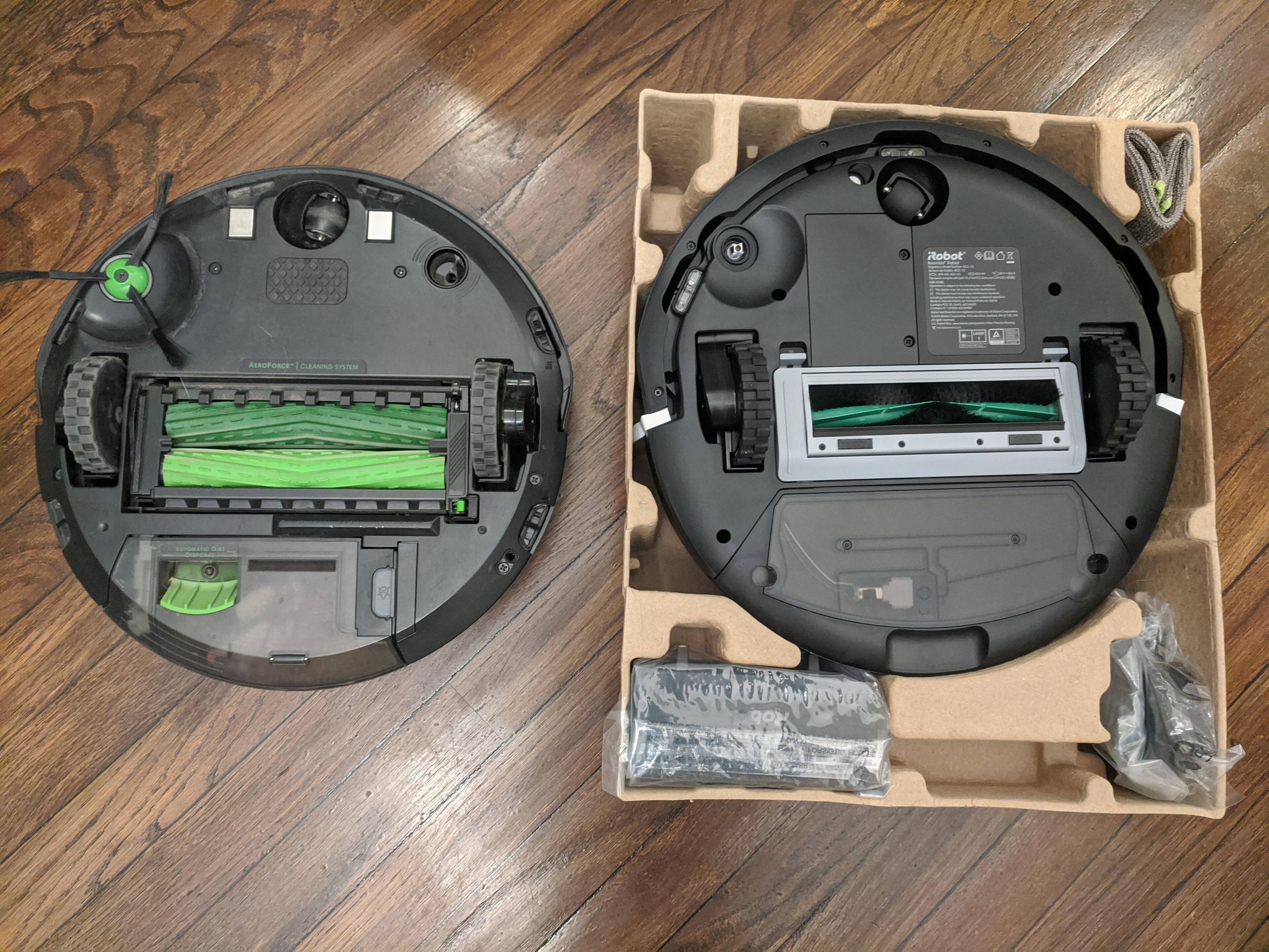 Here is compared to a j7+ on the left. The bot is about the same size but has a smaller collection area , which is probably because the brush isn't helping with suction like the dual rubber style., click to load a larger version