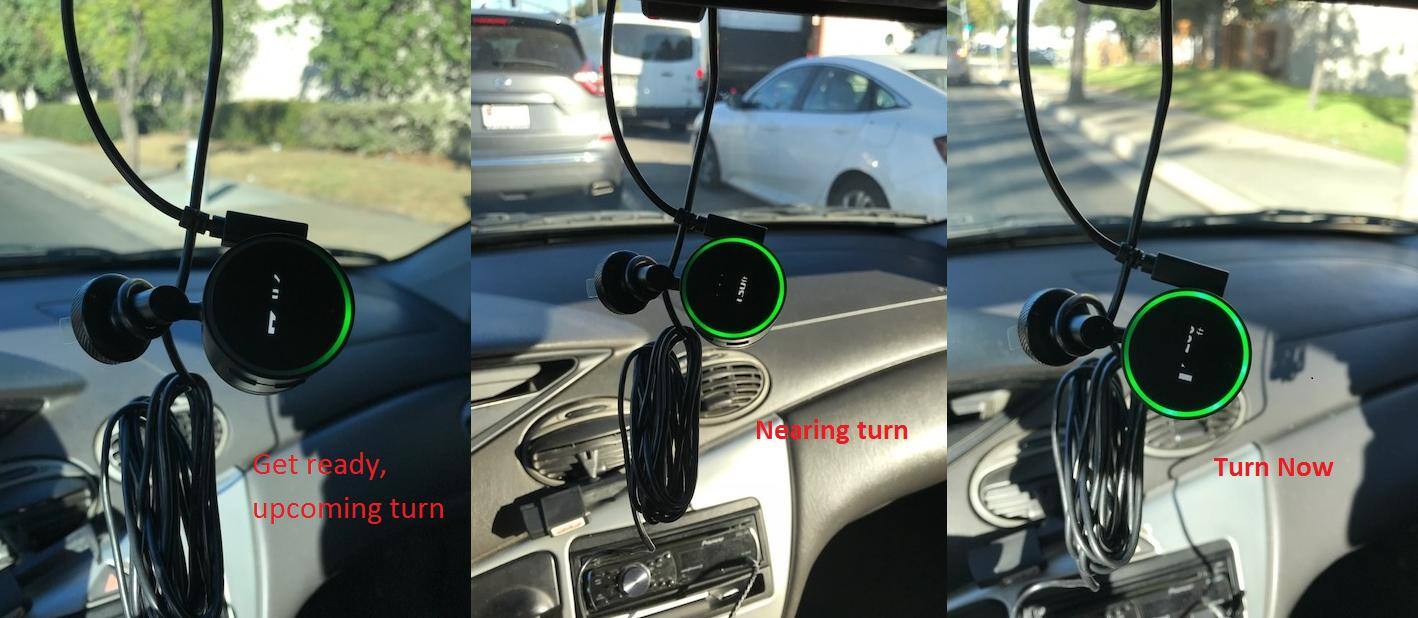 The green ring indicates you getting closer to your destination. My camera couldn't capture the arrows due to refresh rate difference., click to load a larger version