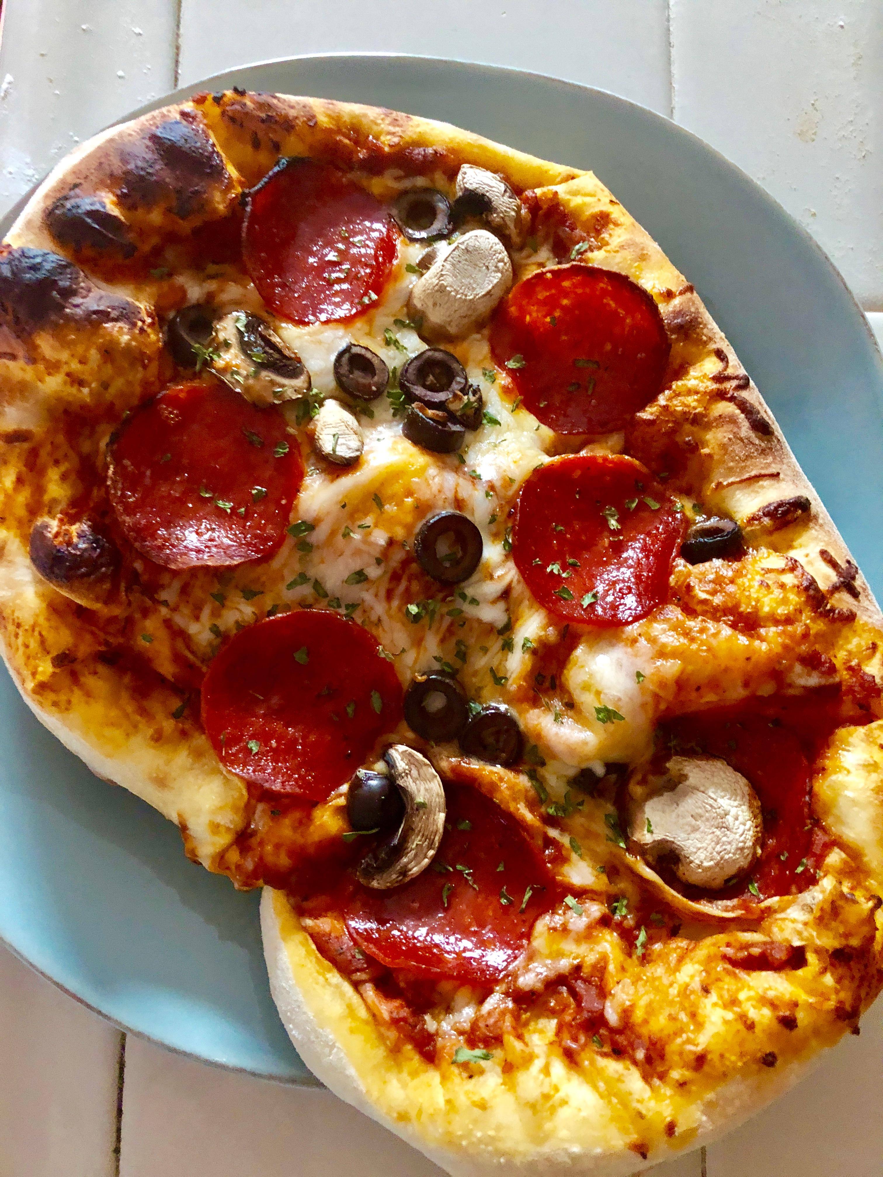Nice Pepperoni, mushroom and olive pizza, click to load a larger version