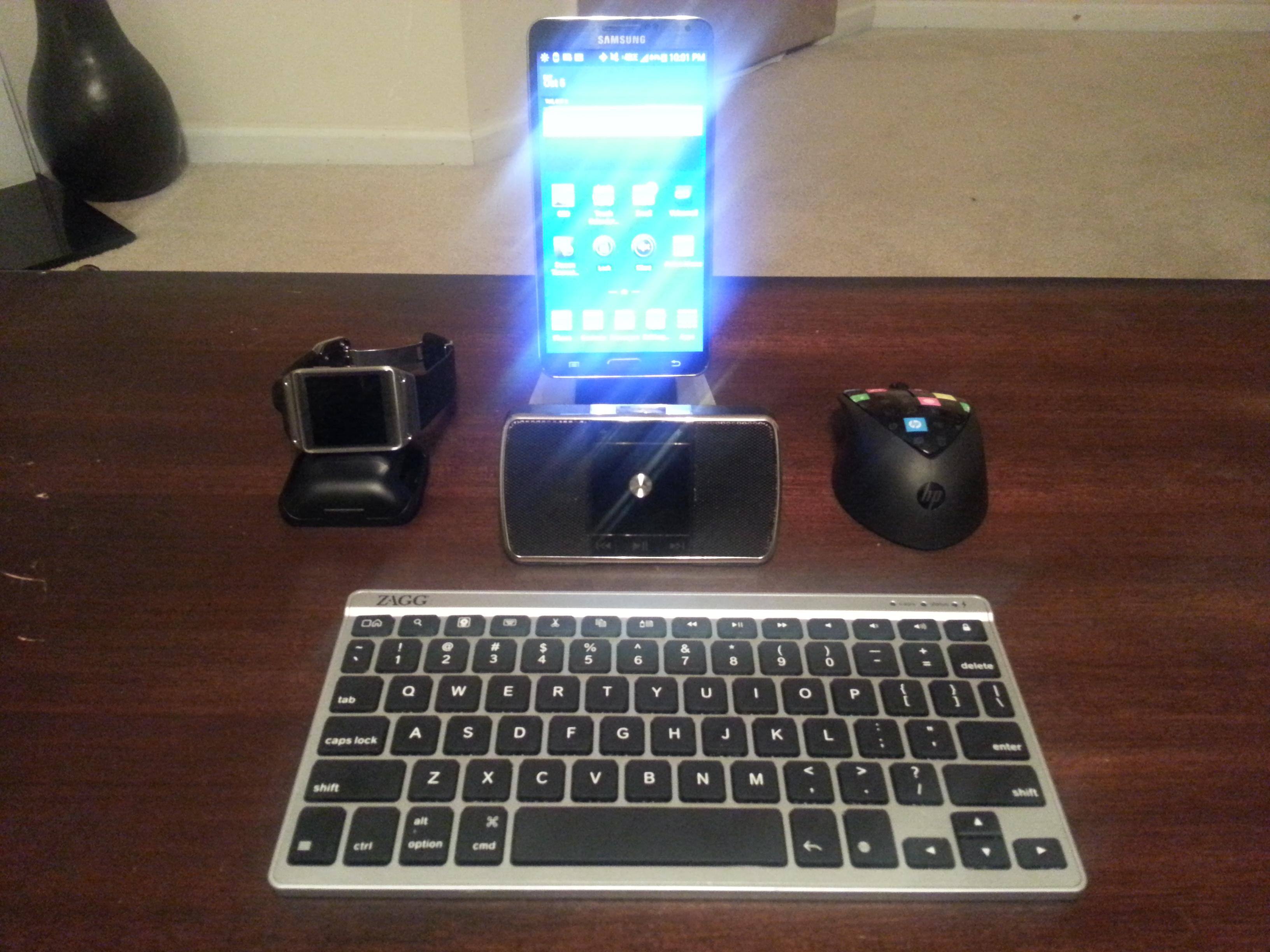 NOTE 3, GALAXY GEAR, ZAGFLEXX KEYBOARD, HP BLUETOOTH MOUSE AND MOTOROLA EQ5 BLUETOOTH SPEAKER, click to load a larger version