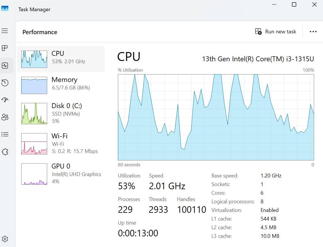 Pegged the CPU while testing, it doesn't take much, but the i3 was able to power through most tasks. It got a little loud, but was able to run macros and some basic applications for photo editing., click to load a larger version