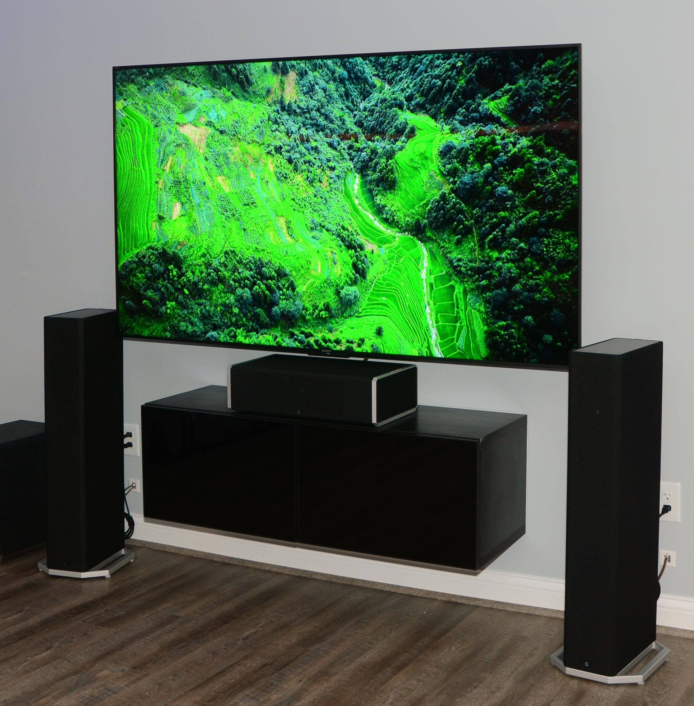 Difinitive Technology Center and tower speakers w 75" Sony Bravia 4k TV., click to load a larger version