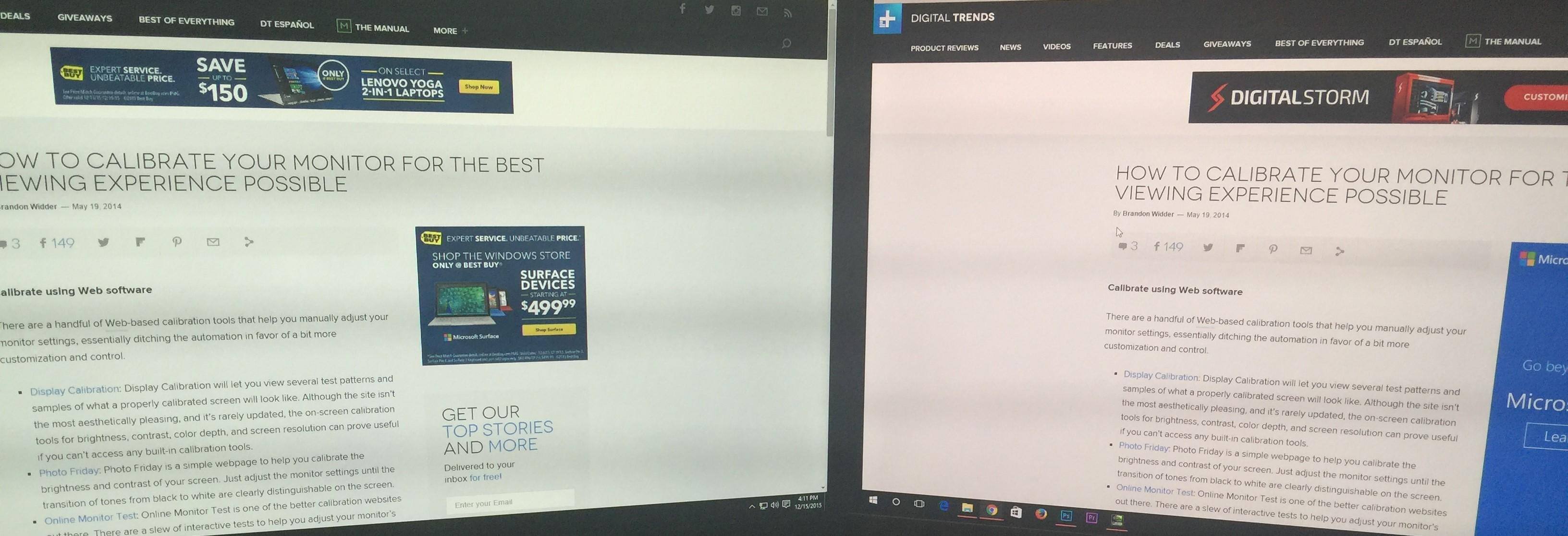 Left Monitor 1 looks OK. Right Monitor 2 has yellowish/reddish tint., click to load a larger version