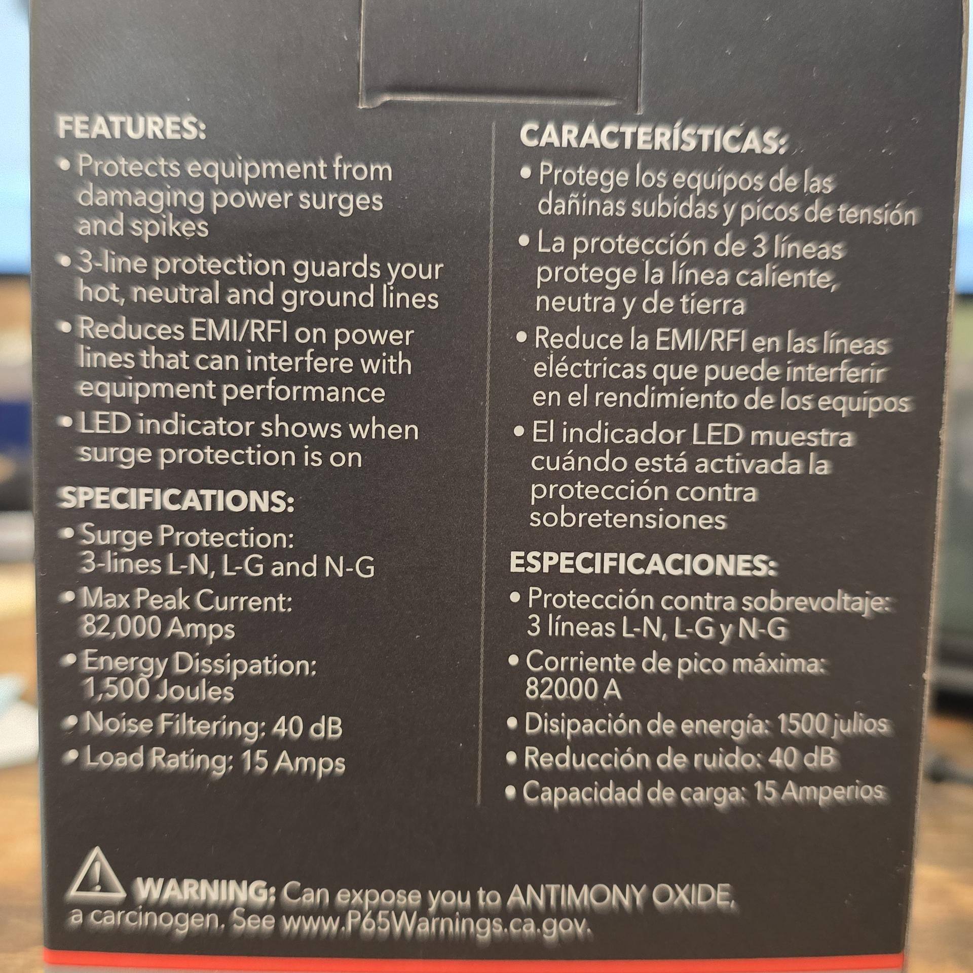 Other features listed on the back of the box: EMI/RFI reduction, noise filtering, max peak current 82,000 Amps, max load 15 Amps, click to load a larger version