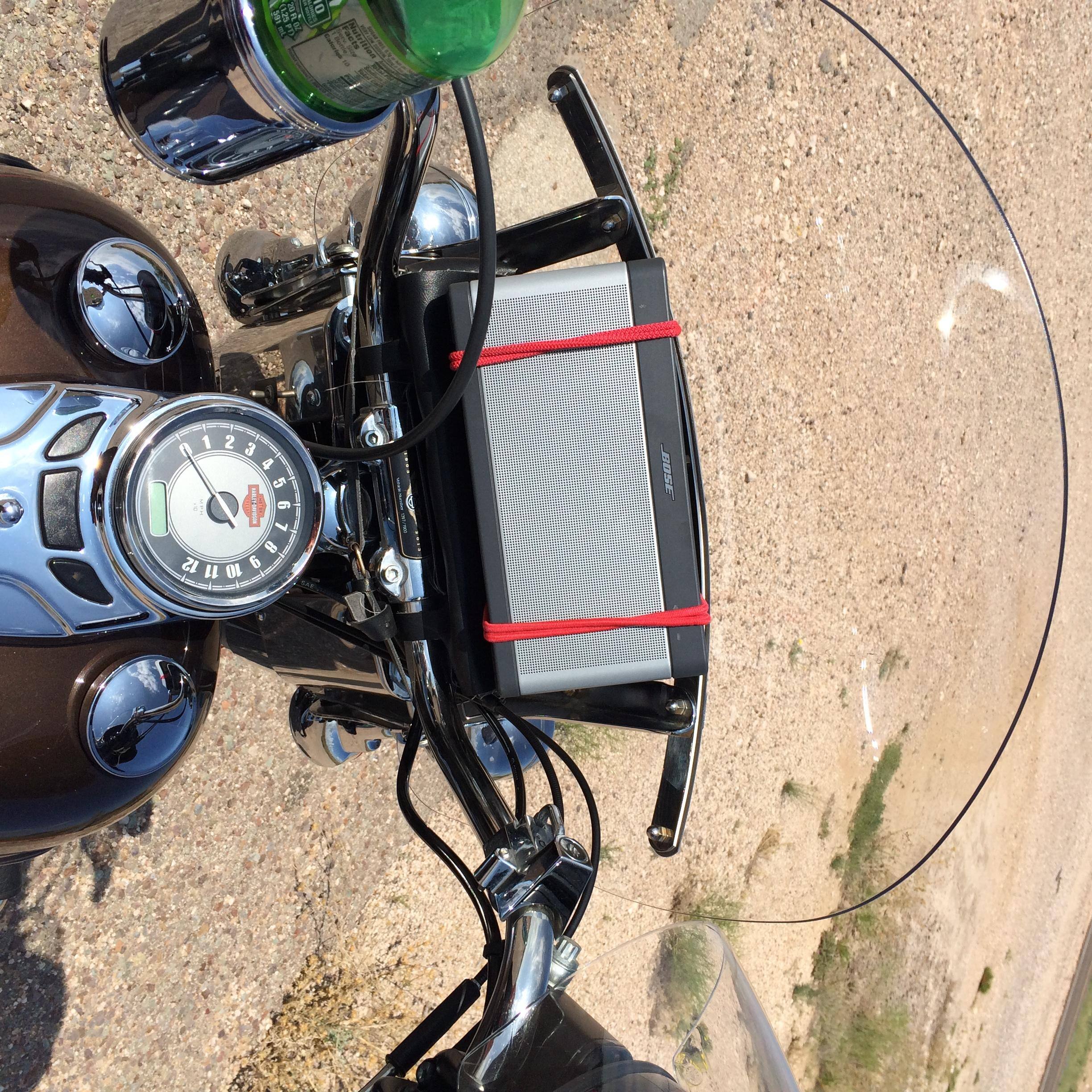 Strapped it to my Harley and ride to music. I can hear it at 75 mph., click to load a larger version