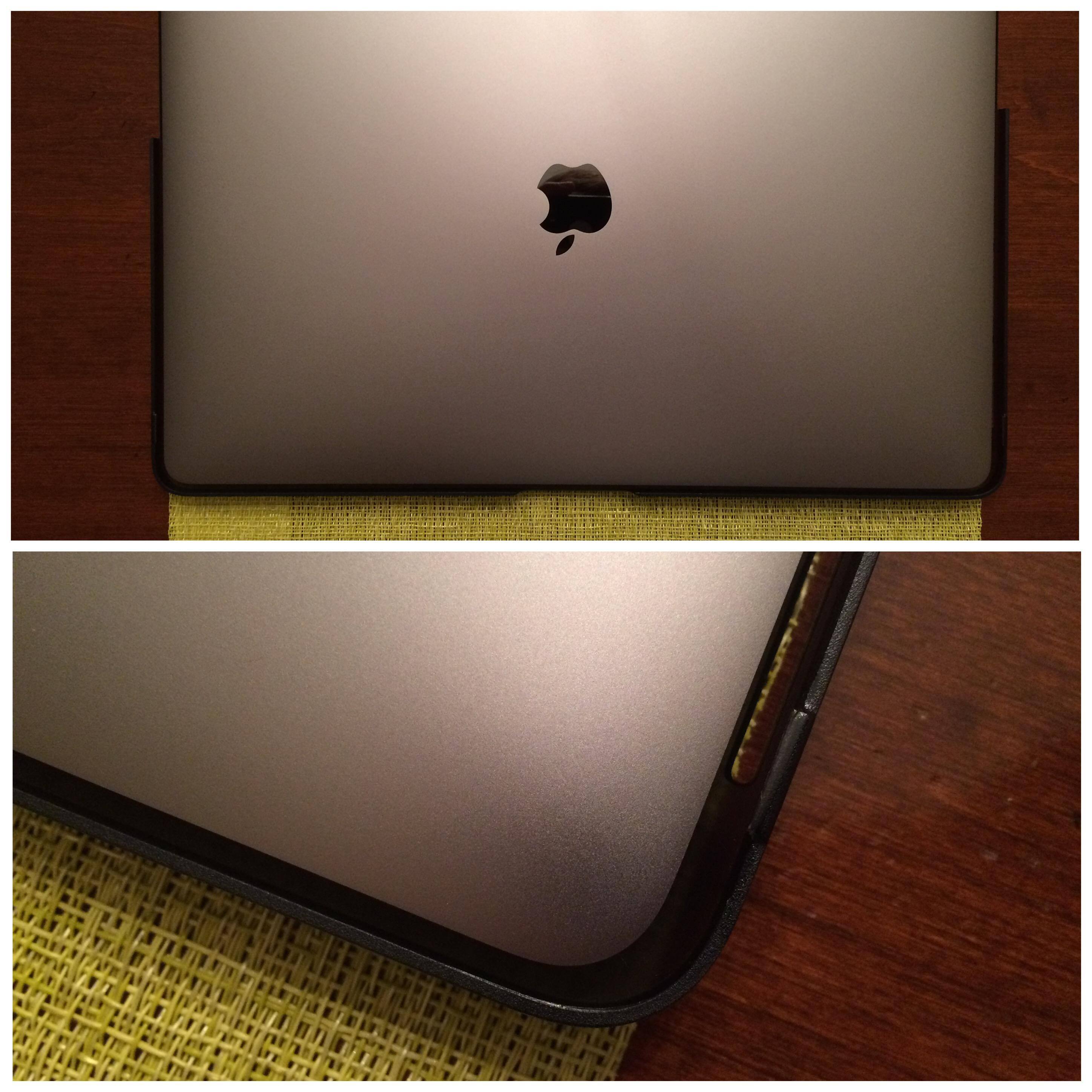 (From Top to Bottom) MacBook laid on top of the bottom portion of the case, close-up of size difference between MacBook size and the case/shell size., click to load a larger version