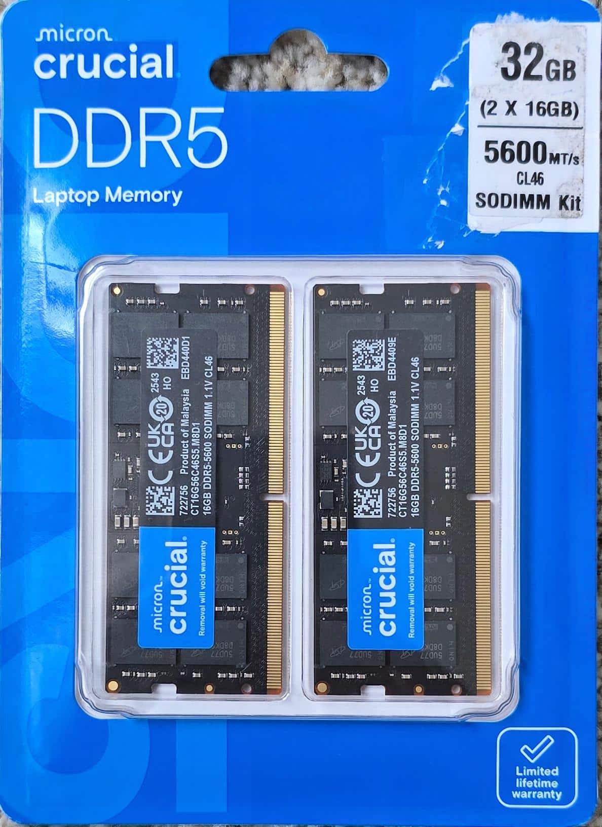 Crucial 64GB Kit (2x32GB) DDR5 5600MHz C46 SODIMM Laptop Memory