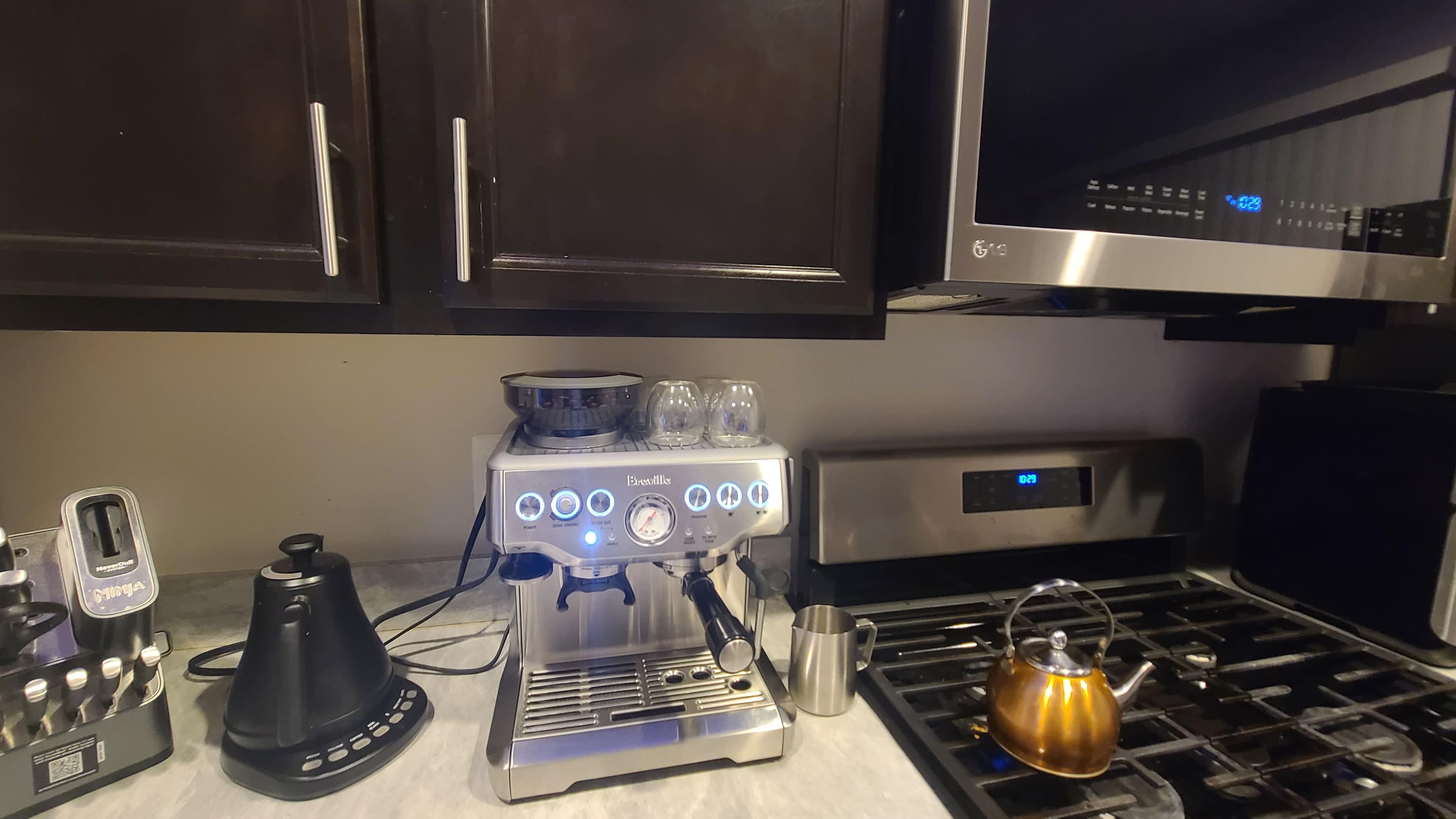 Breville Barista Express installed on a kitchen counter with working clearance around it