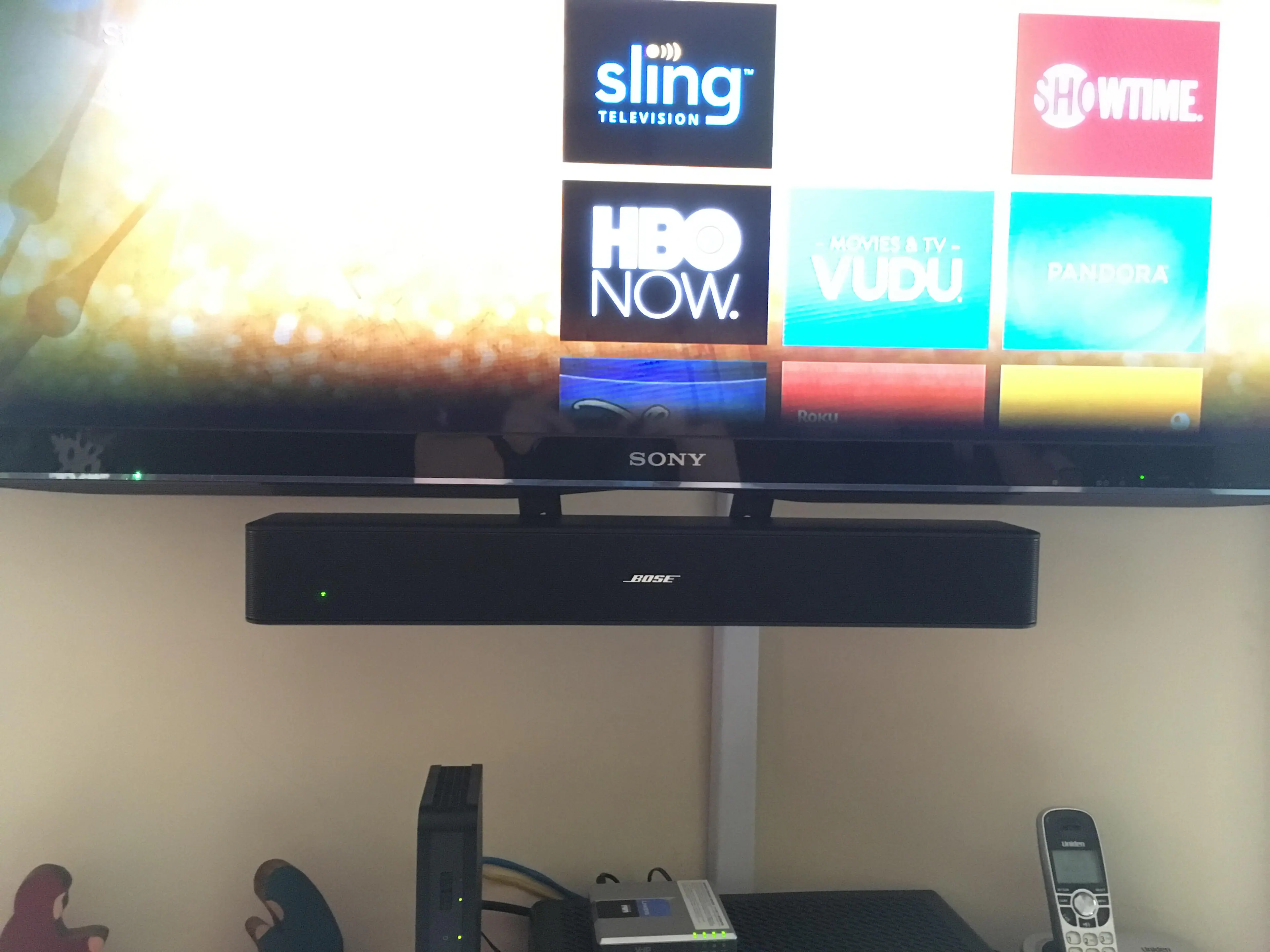 Hung below Sony TV via homemade mount using angle brackets, click to load a larger version