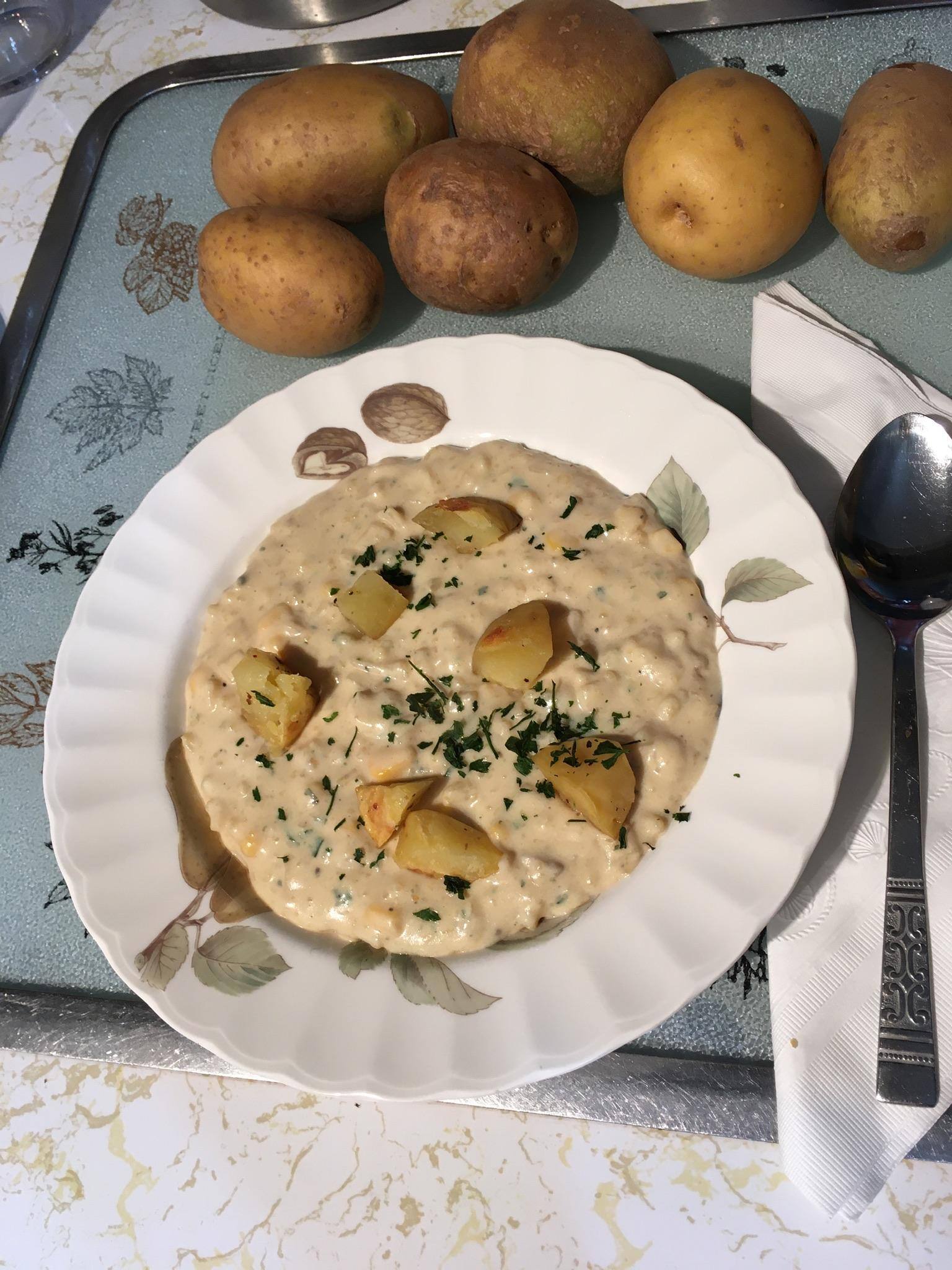Finished Roasted Potatoe Soup With Corn And Garnishes, click to load a larger version