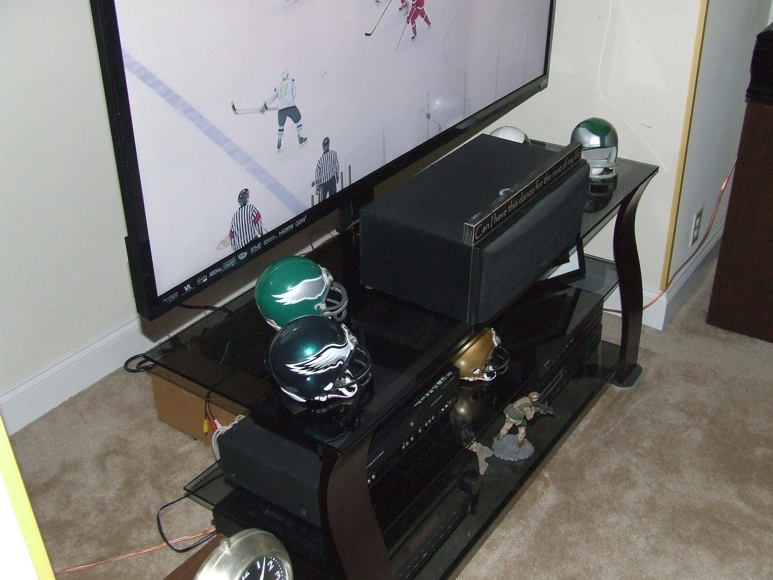 Depth of stand easily sits a large center speaker with room left over for whatevers needed., click to load a larger version