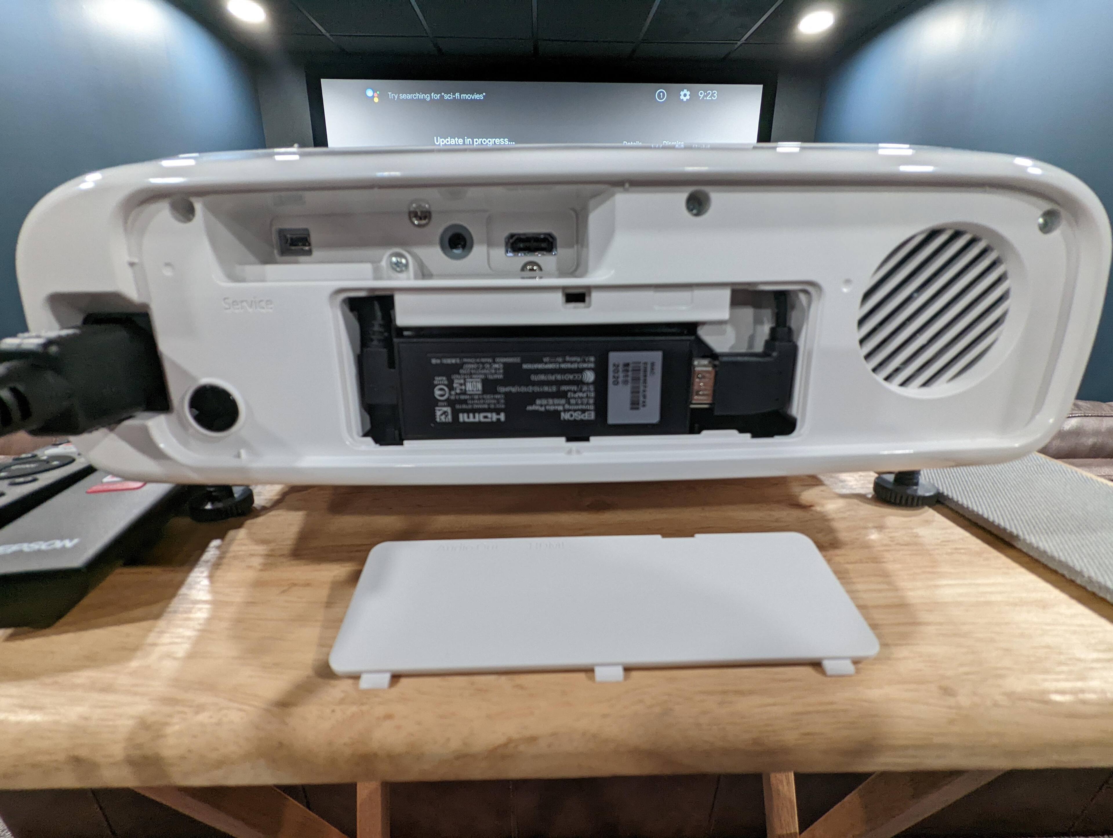 back panel - have to remove the mesh plate, exposes the single speaker and inputs. Lower panel removes and exposes the USB device presumably for the AndroidTV, click to load a larger version