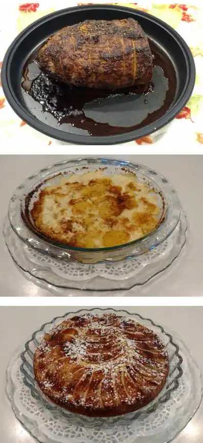 Roast, cheesy potatoes, and apple cinnamon cake!, click to load a larger version