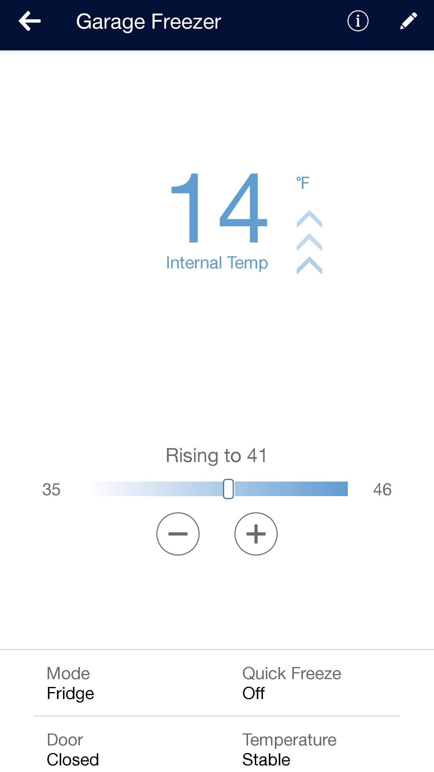 What the app shows when it changed to Fridge mode on it's own around midnight one night., click to load a larger version