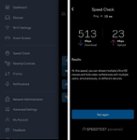 Linksys mobile app screenshots: control menu (left) and speed test results (right), click to load a larger version
