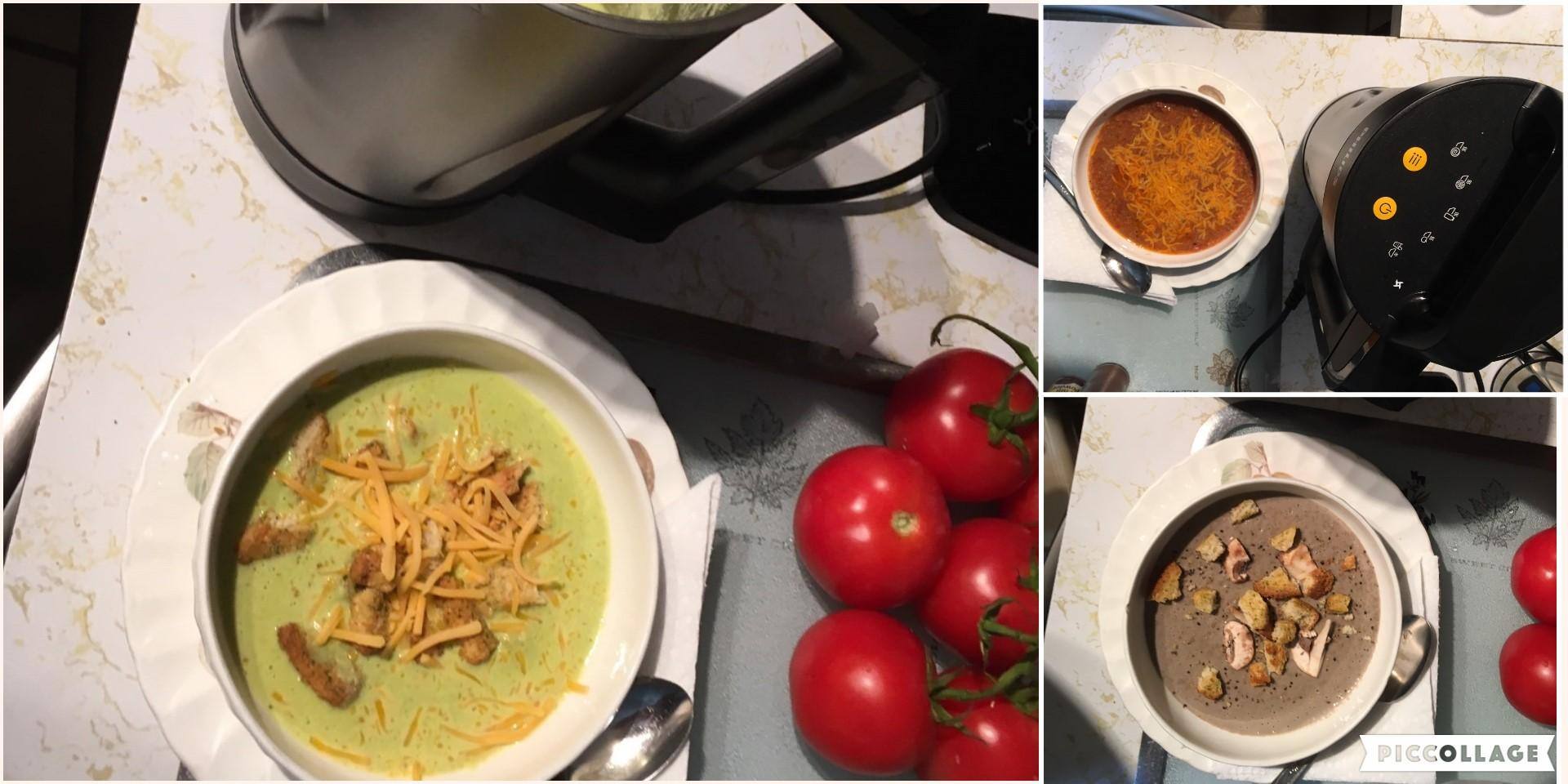 Cream of Broccoli w/Cjheddar Cheese and Croutons - Beef Chili w/Cheddar Cheese - Porta Bella Mushroom Soup w/Shrooms and Croutons, click to load a larger version