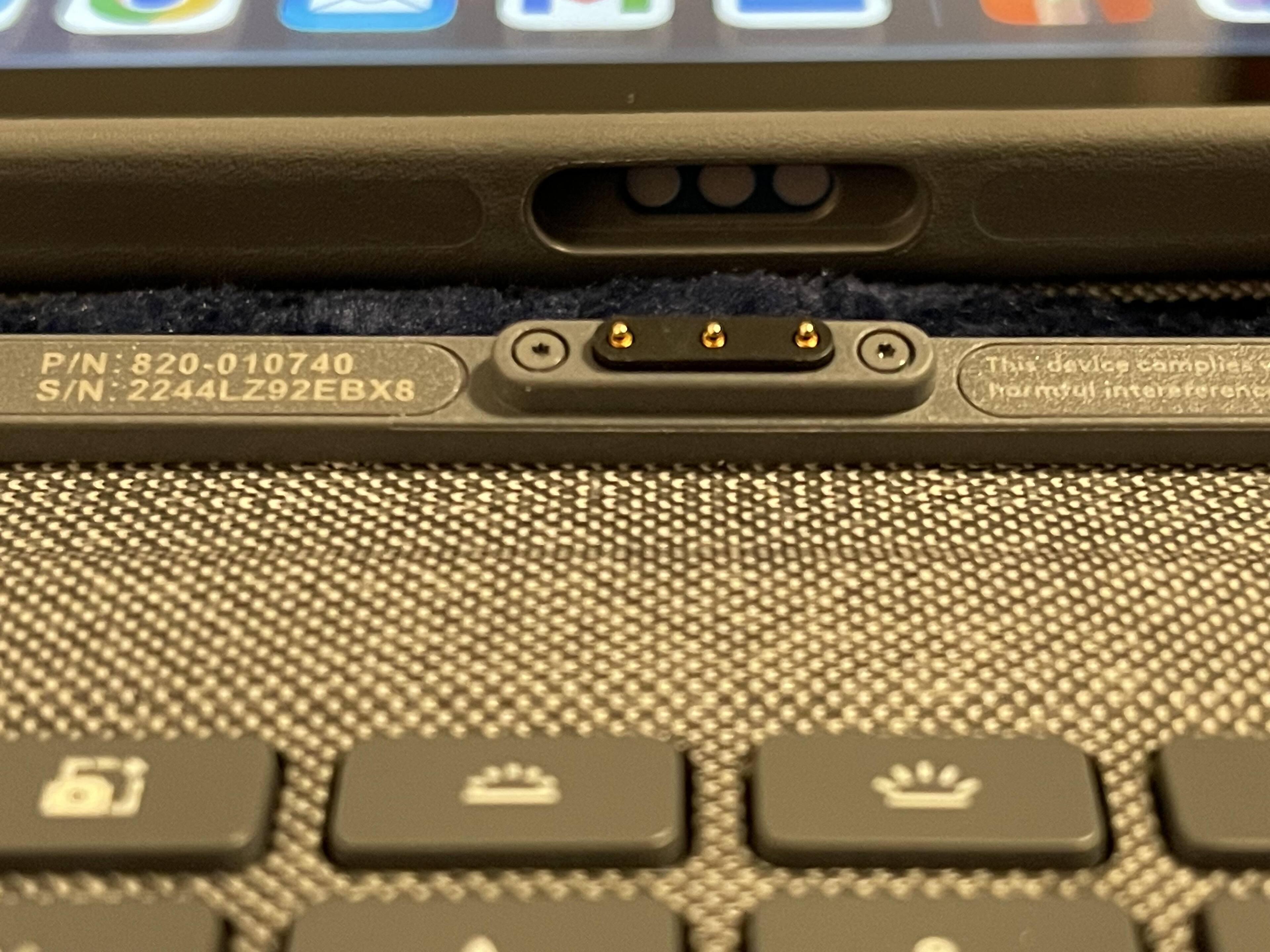 Closeup view of Smart Connector. Cannot put keyboard on backwards., click to load a larger version