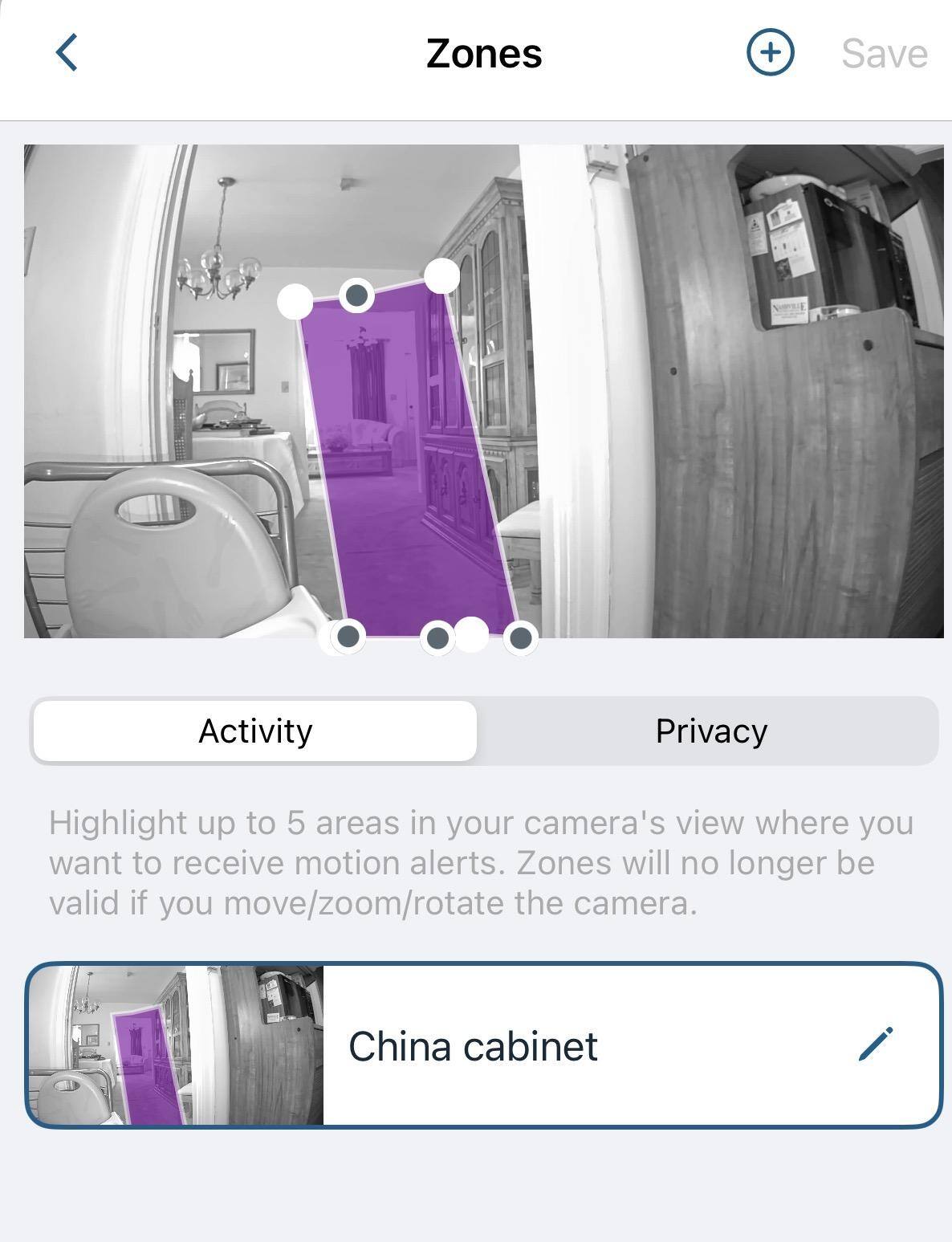 This is the Arlo Essential Indoor Camera 3rd Gen in Arlo Secure App with a zone selected., click to load a larger version