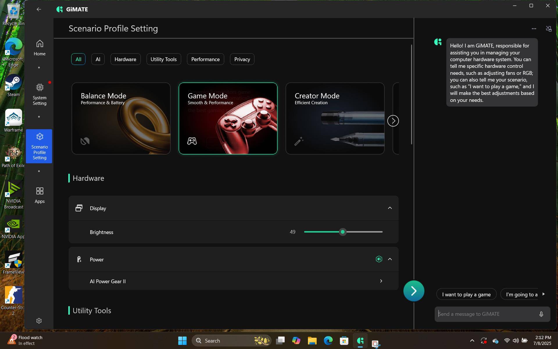 GiMATE app showing performance profiles and AI assistant for adjusting hardware settings, click to load a larger version